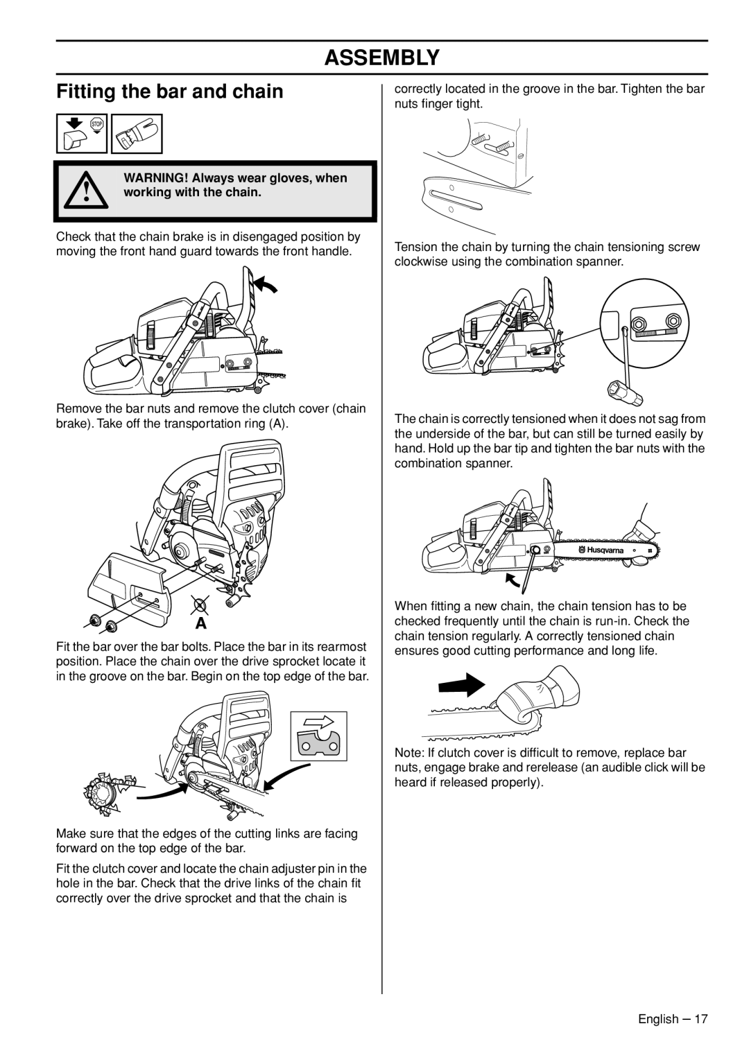 Husqvarna 1153181-95, 576 XPG manual Assembly, Fitting the bar and chain, Working with the chain 