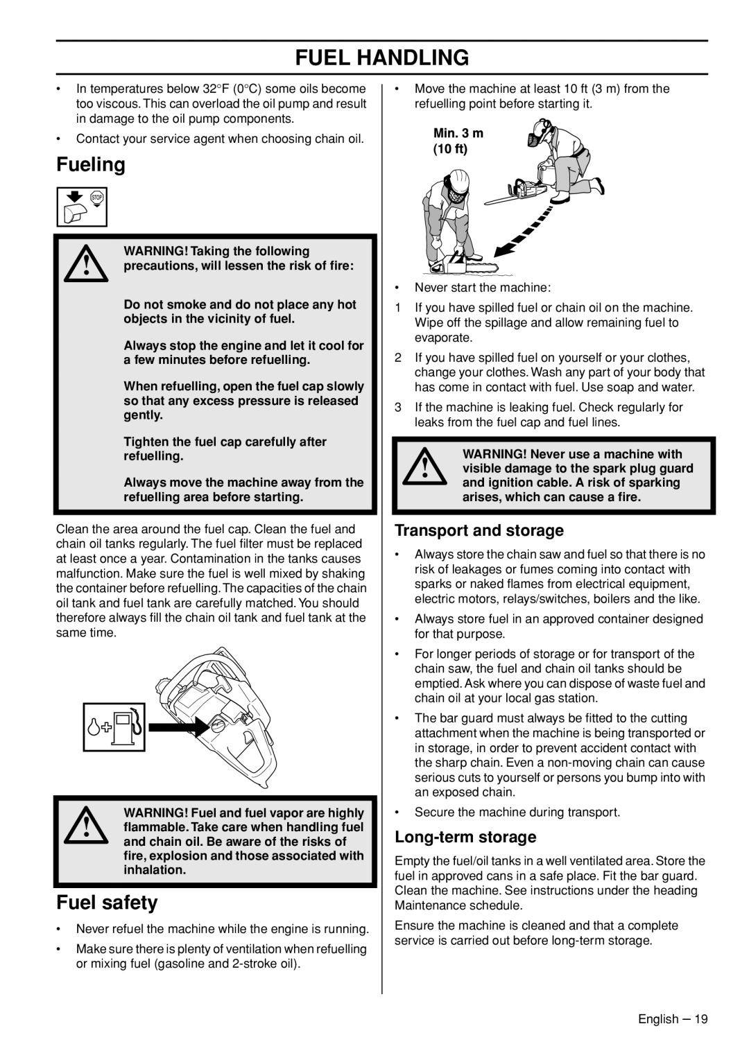 Husqvarna 1153181-95, 576 XPG manual Fueling, Fuel safety, Transport and storage, Long-term storage 