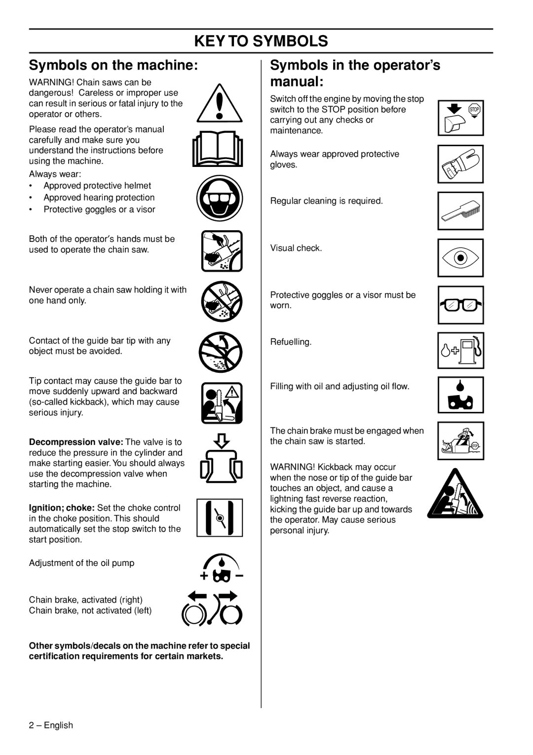 Husqvarna 576 XPG, 1153181-95 KEY to Symbols, Symbols on the machine, Symbols in the operator’s manual 