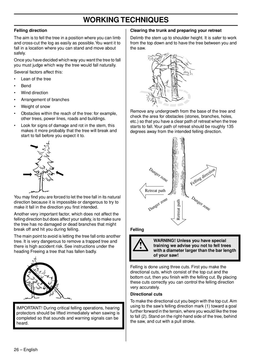 Husqvarna 576 XPG, 1153181-95 manual Felling direction, Clearing the trunk and preparing your retreat, Directional cuts 