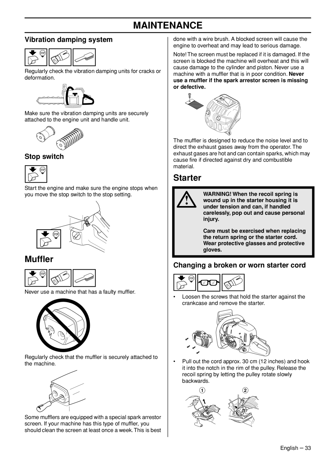 Husqvarna 1153181-95, 576 XPG manual Mufﬂer, Starter, Changing a broken or worn starter cord 