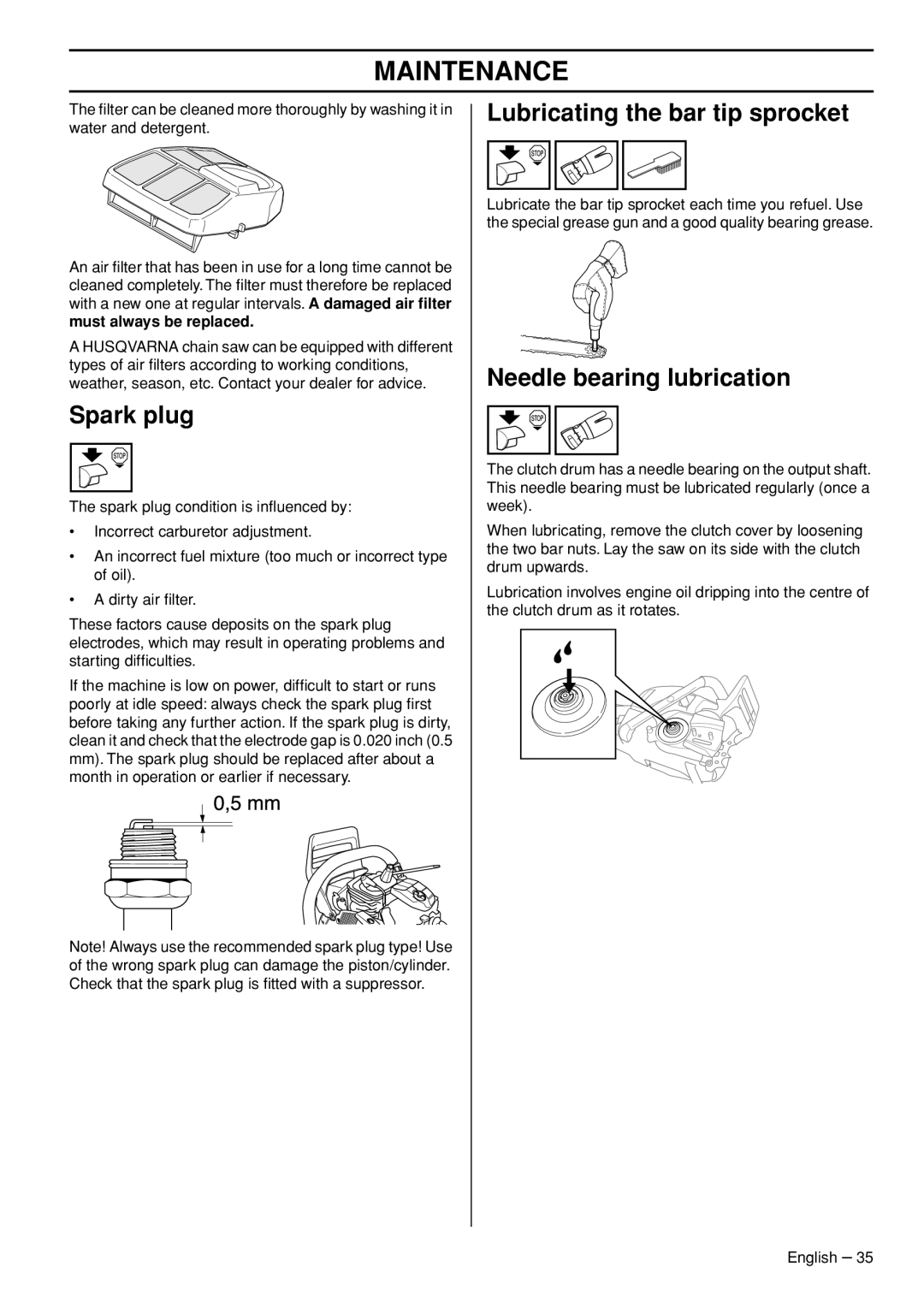 Husqvarna 1153181-95 Spark plug, Lubricating the bar tip sprocket, Needle bearing lubrication, Must always be replaced 