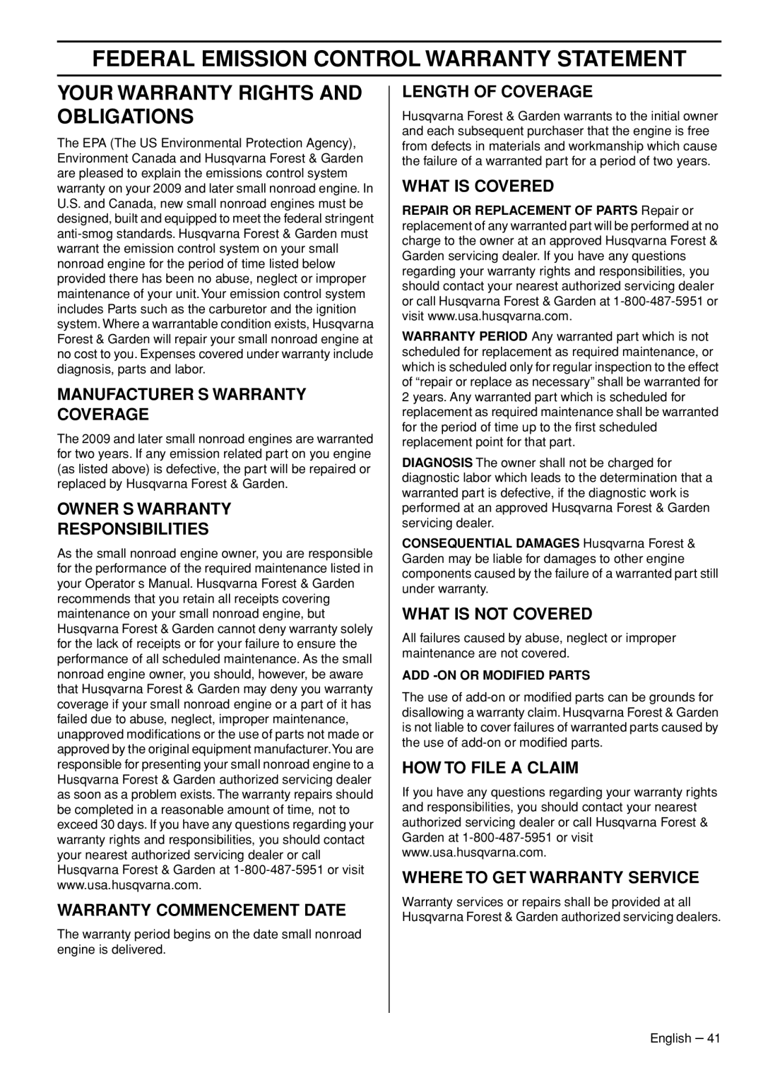 Husqvarna 1153181-95, 576 XPG manual Federal Emission Control Warranty Statement, Your Warranty Rights and Obligations 