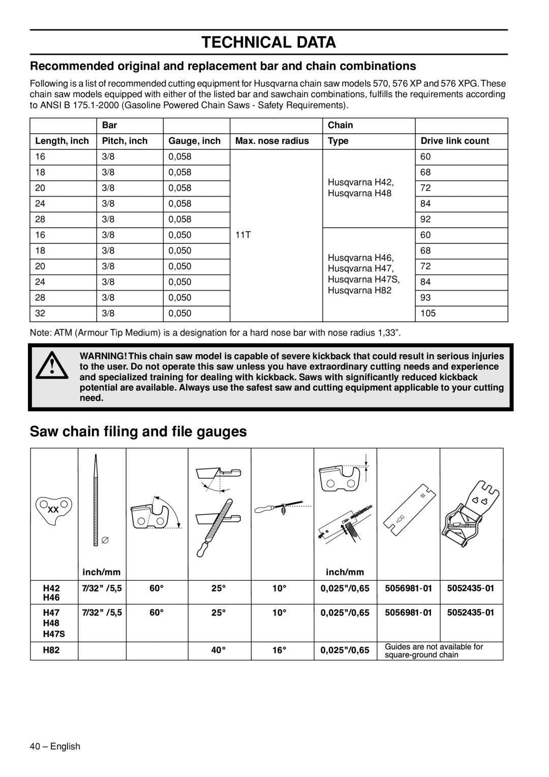 Husqvarna 576 XPG, 1153181-95 manual Saw chain ﬁling and ﬁle gauges, Technical Data 