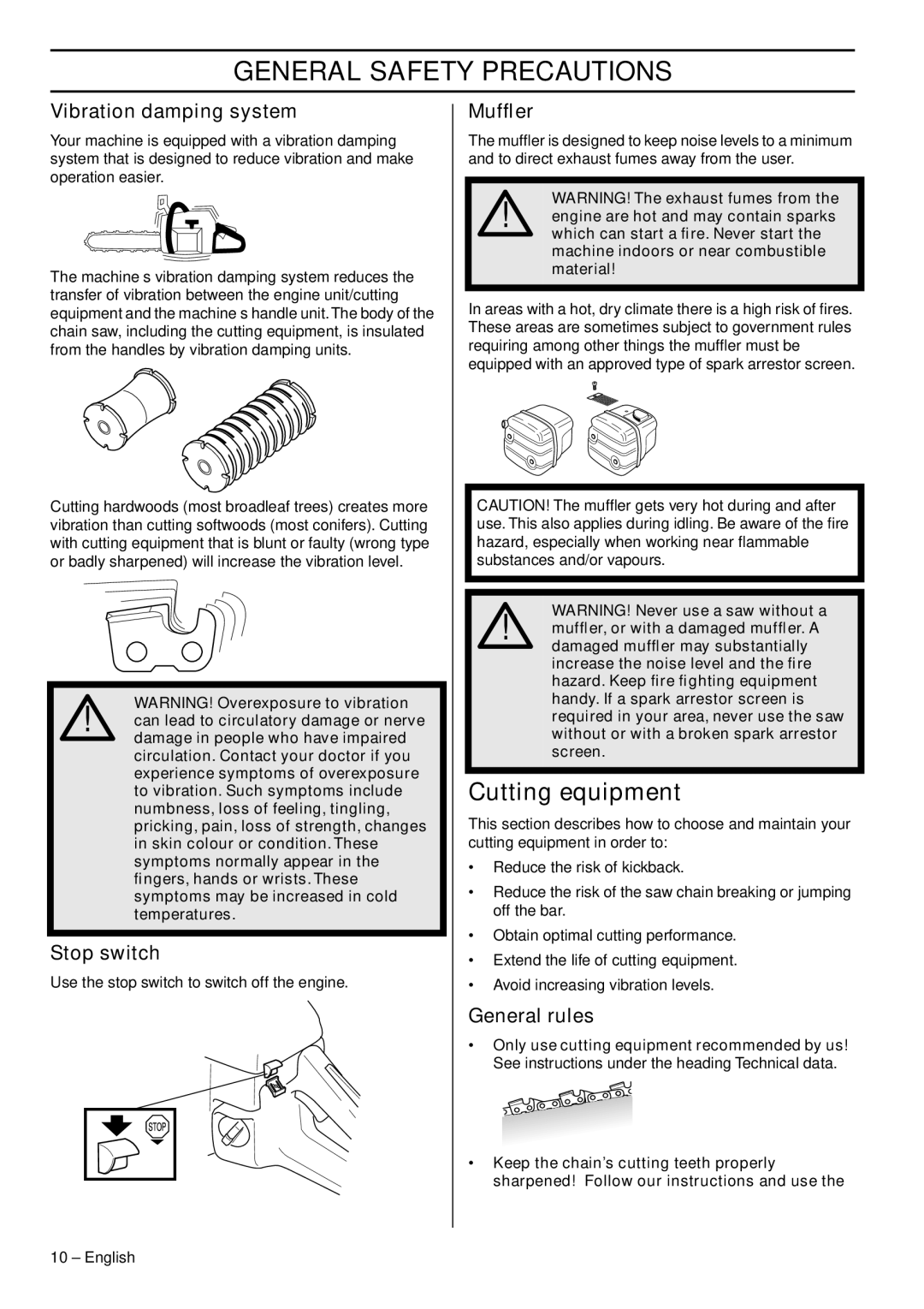 Husqvarna 576XP AutoTune manual Cutting equipment, Vibration damping system, Stop switch, Mufﬂer, General rules 