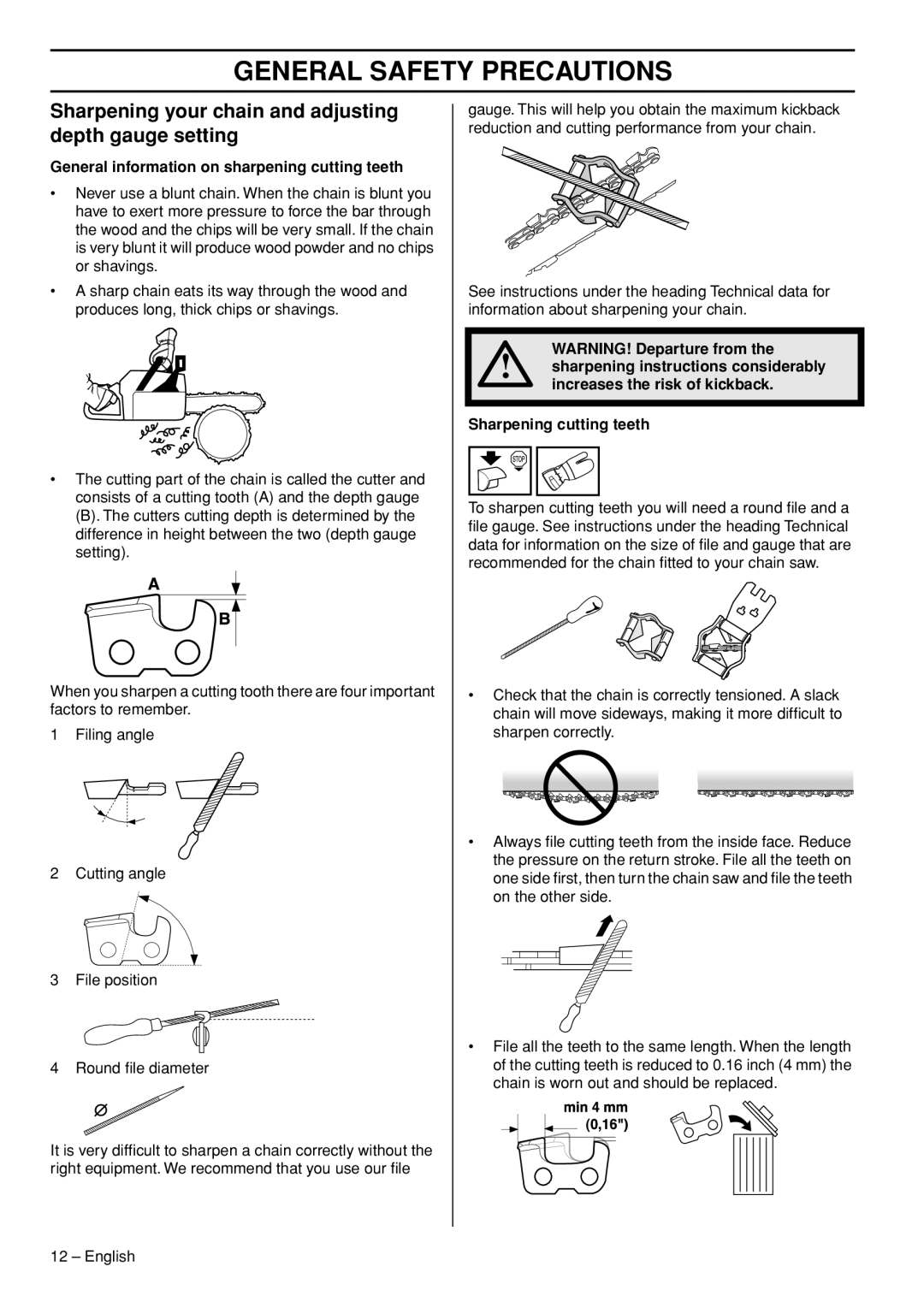 Husqvarna 576XP AutoTune manual Sharpening your chain and adjusting depth gauge setting 