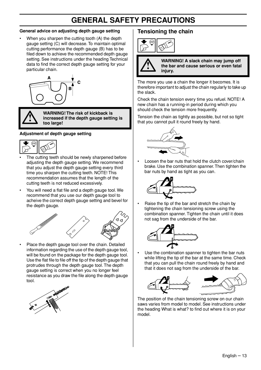 Husqvarna 576XP AutoTune manual Tensioning the chain 