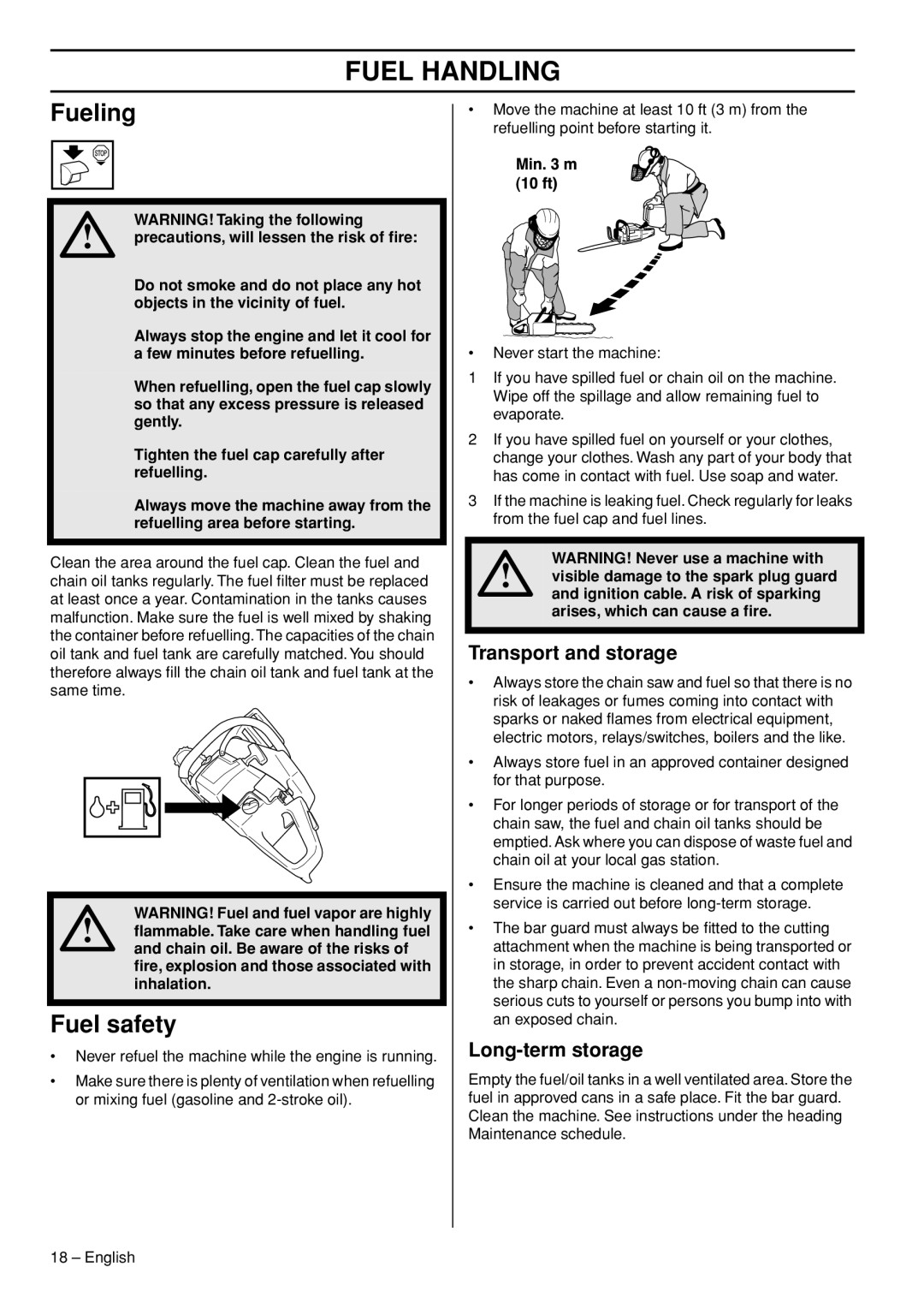 Husqvarna 576XP AutoTune manual Fueling, Fuel safety, Transport and storage, Long-term storage 