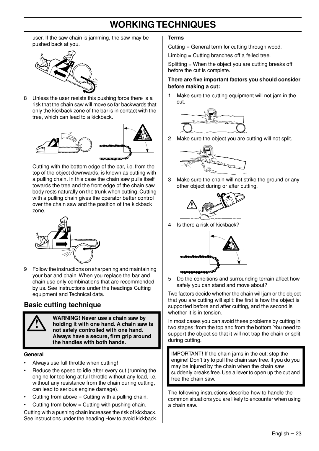 Husqvarna 576XP AutoTune manual Basic cutting technique, Terms 