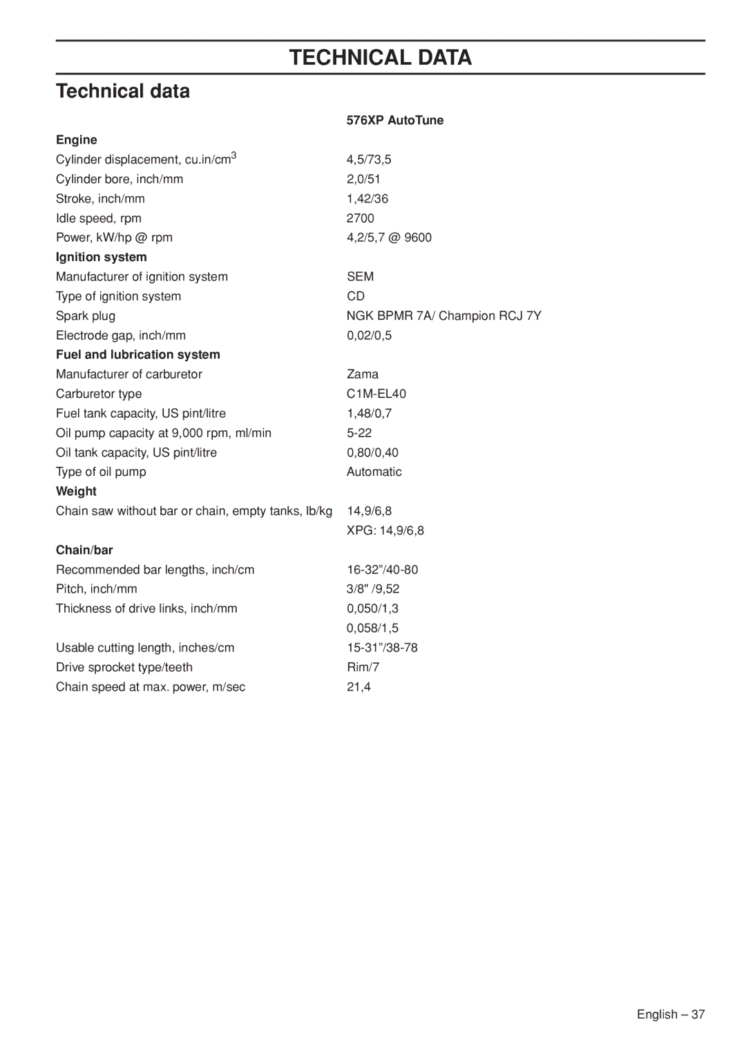 Husqvarna 576XP AutoTune manual Technical Data, Technical data 