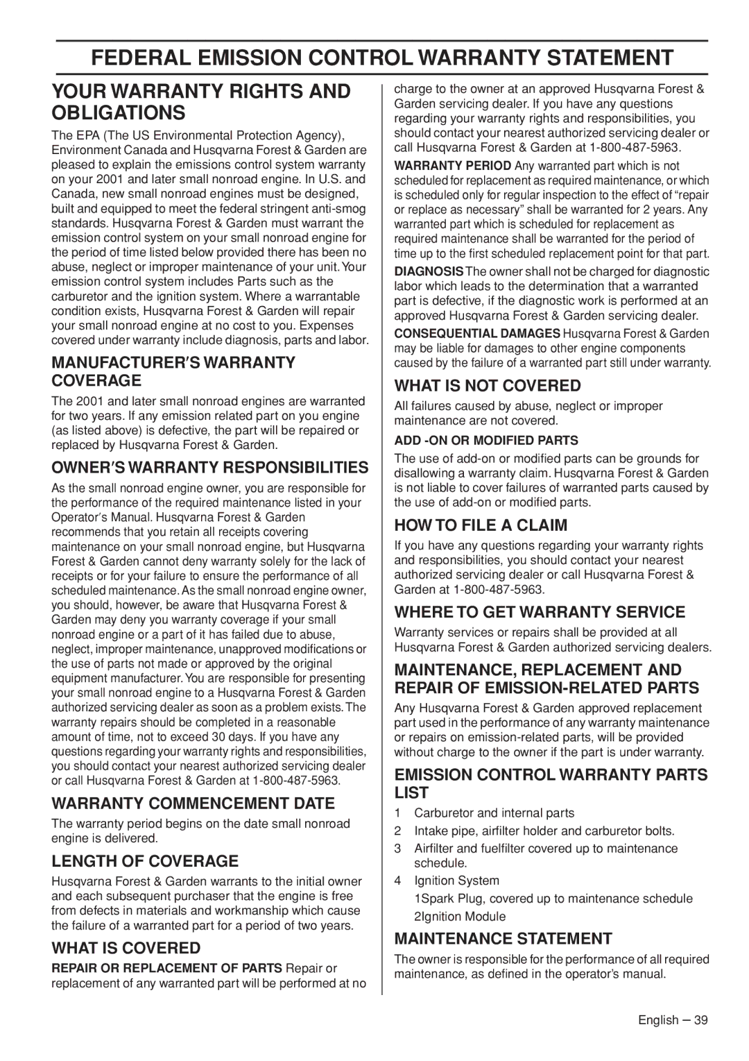 Husqvarna 576XP AutoTune manual Federal Emission Control Warranty Statement, Your Warranty Rights and Obligations 