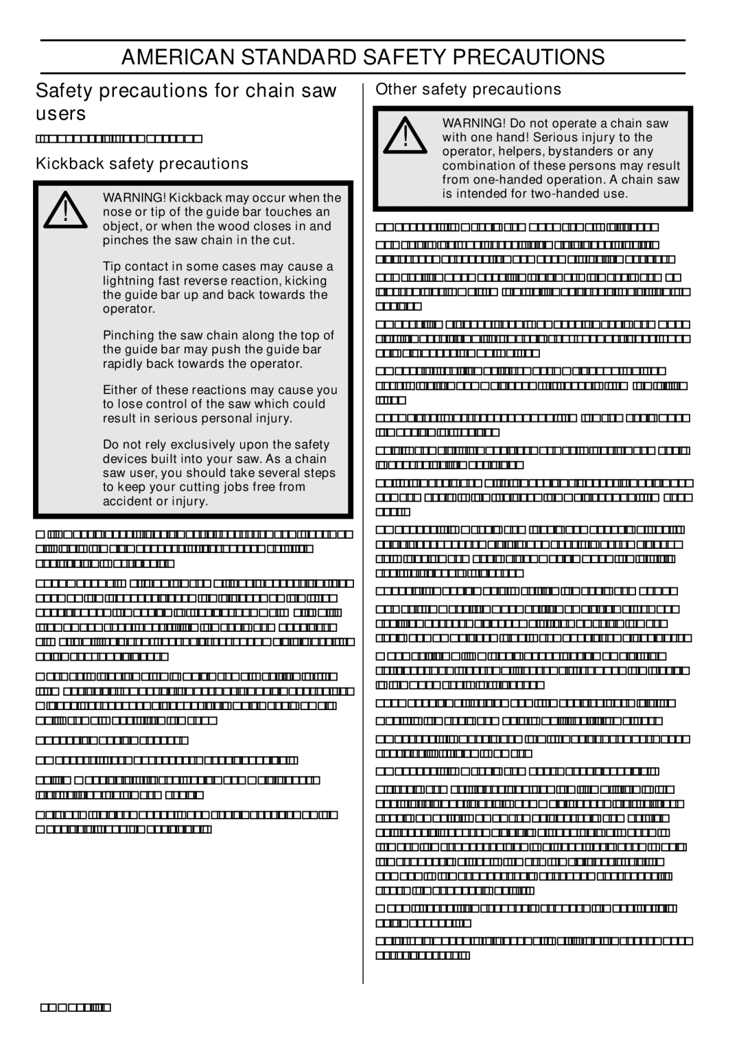 Husqvarna 576XP AutoTune manual American Standard Safety Precautions, Safety precautions for chain saw users 