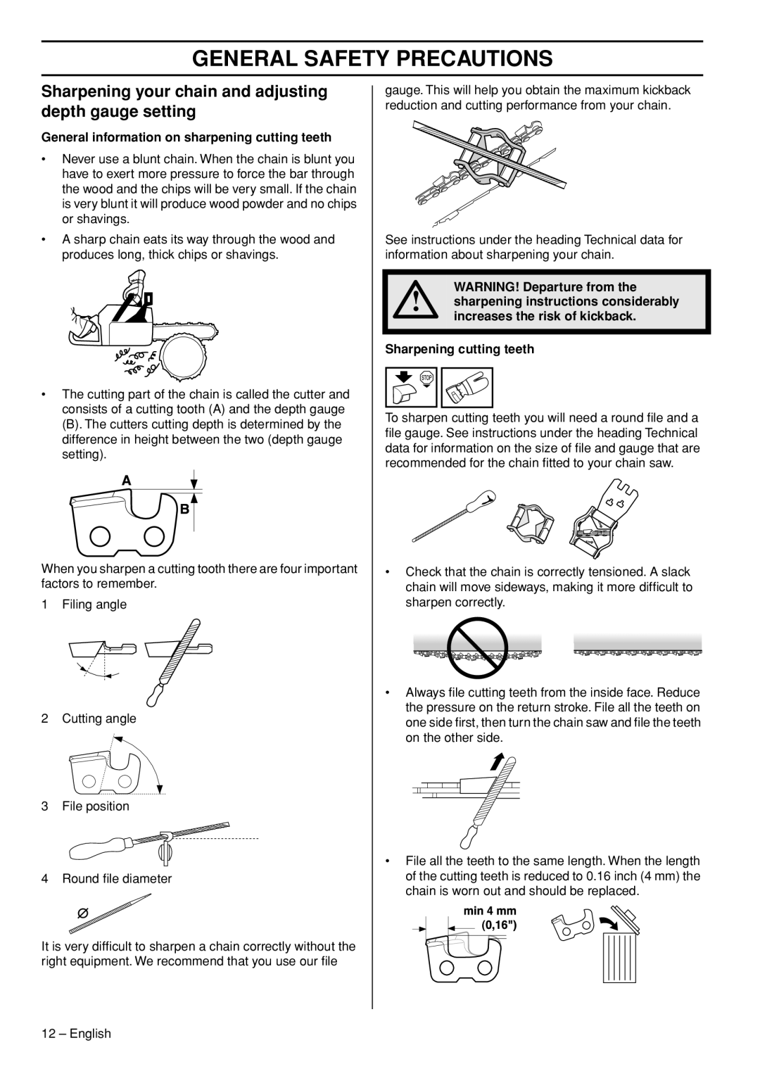 Husqvarna 576XP AutoTune manual General Safety Precautions, General information on sharpening cutting teeth 
