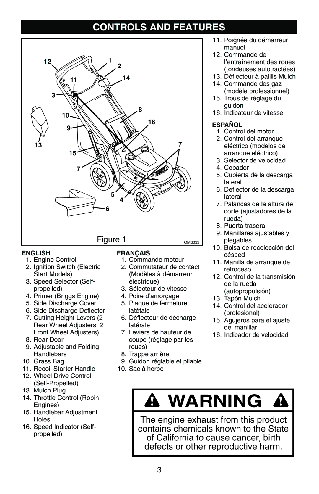 Husqvarna 580 R, 580 RS, 580 RSE, 580 RSW, 600 C owner manual Controls and Features, Español 