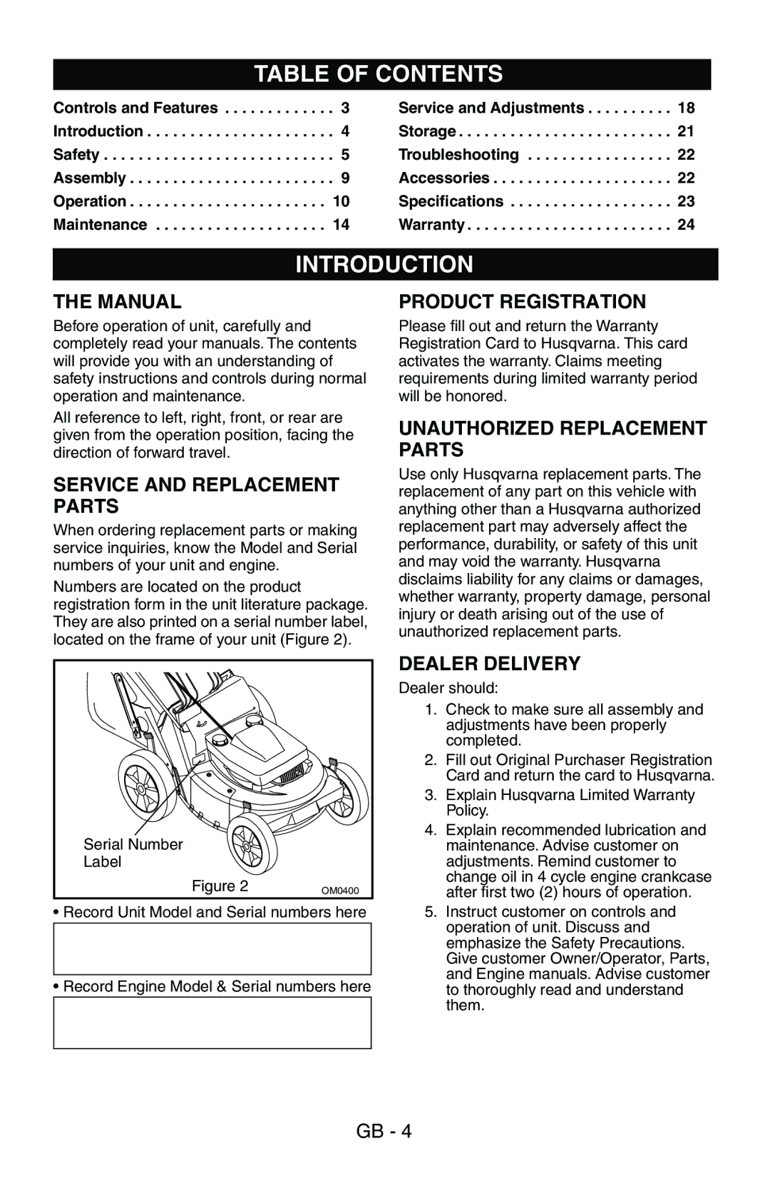 Husqvarna 580 R, 580 RS, 580 RSE, 580 RSW, 600 C owner manual Table of Contents, Introduction 