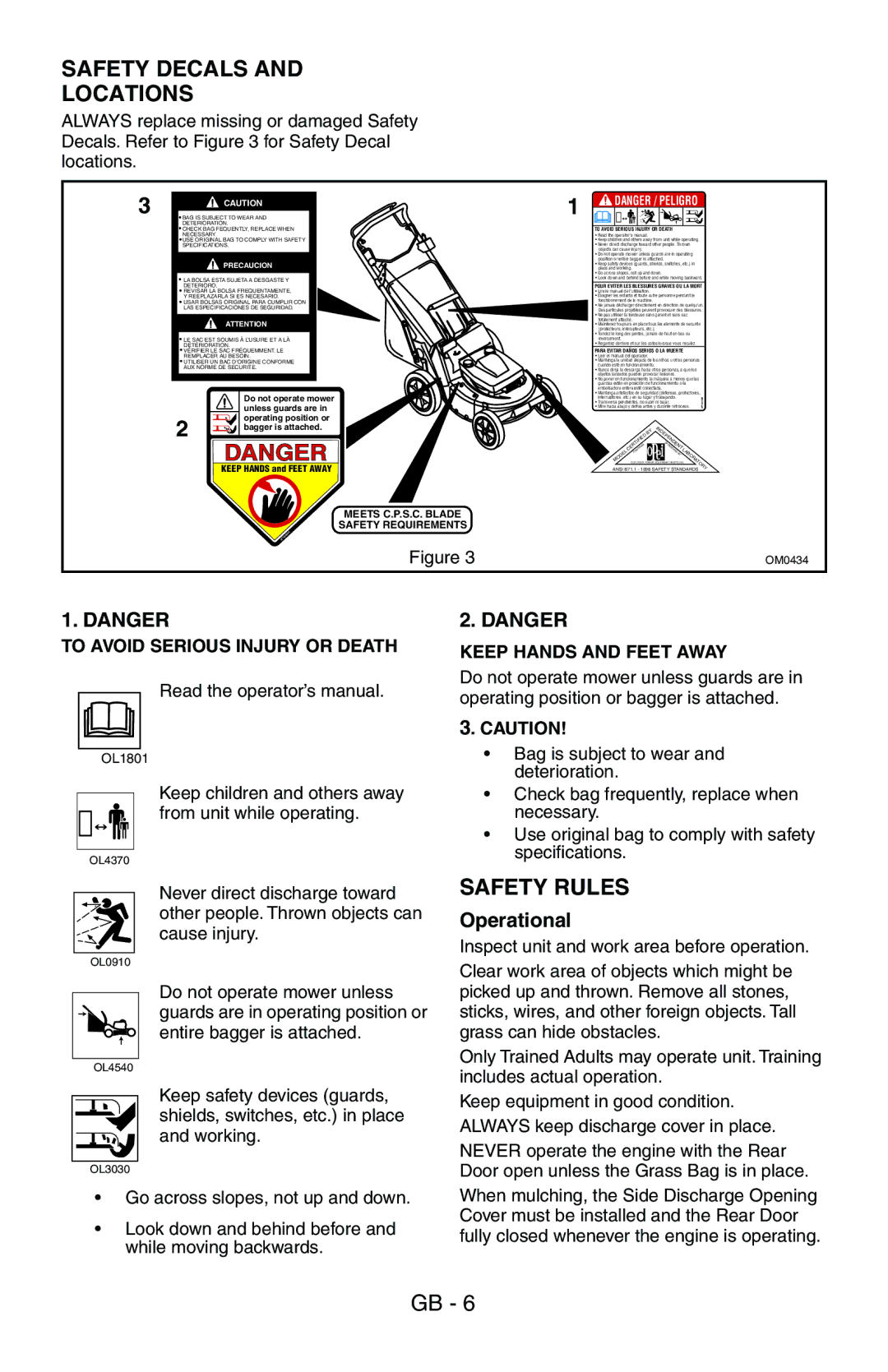 Husqvarna 580 R, 580 RS, 580 RSE, 580 RSW, 600 C owner manual Safety Decals Locations, Safety Rules, Operational 