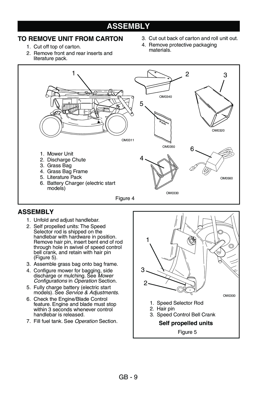 Husqvarna 580 R, 580 RS, 580 RSE, 580 RSW, 600 C owner manual Assembly, To Remove Unit from Carton, Self propelled units 