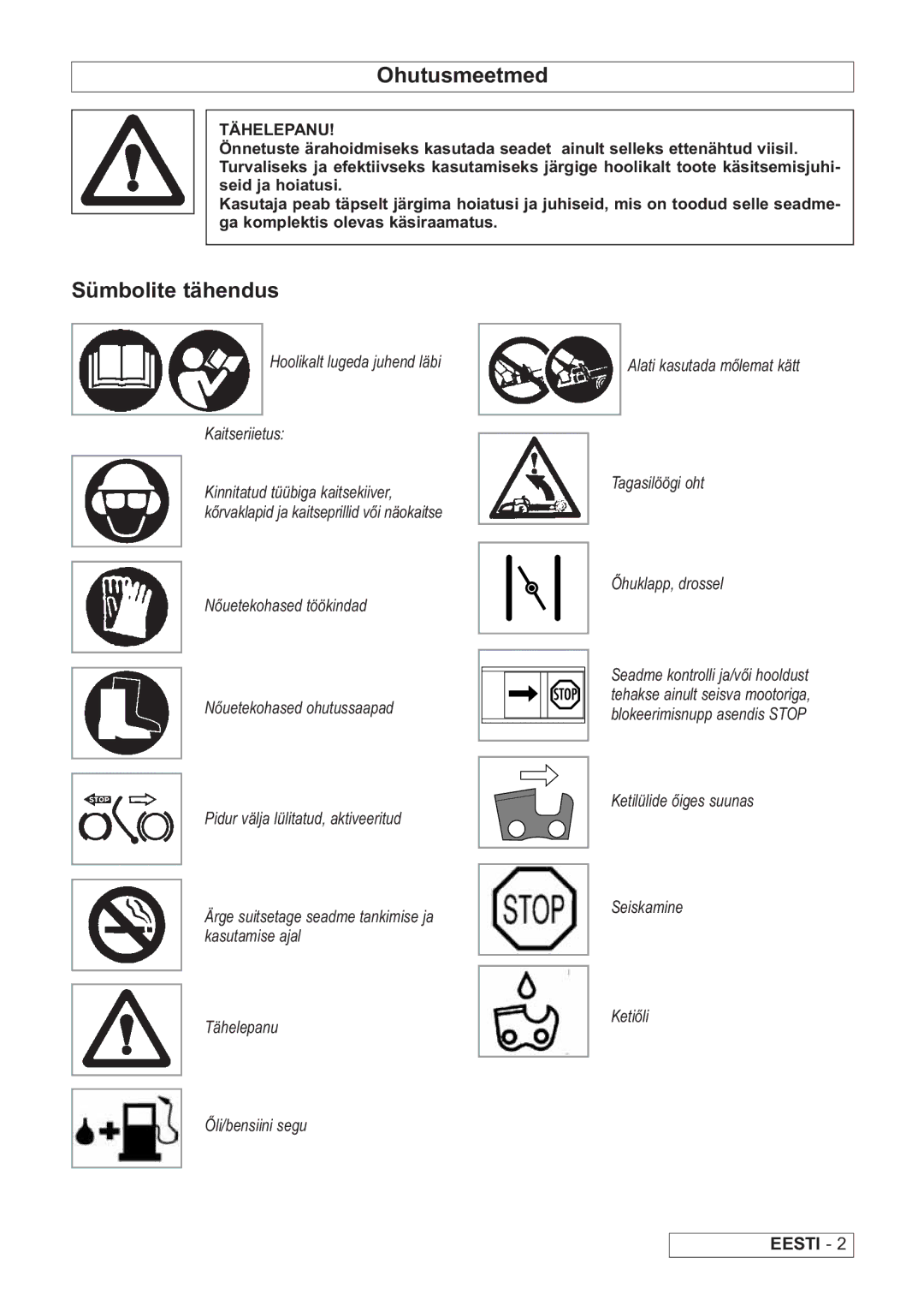 Husqvarna 60 manual Ohutusmeetmed, Sümbolite tähendus, Hoolikalt lugeda juhend läbi Kaitseriietus 