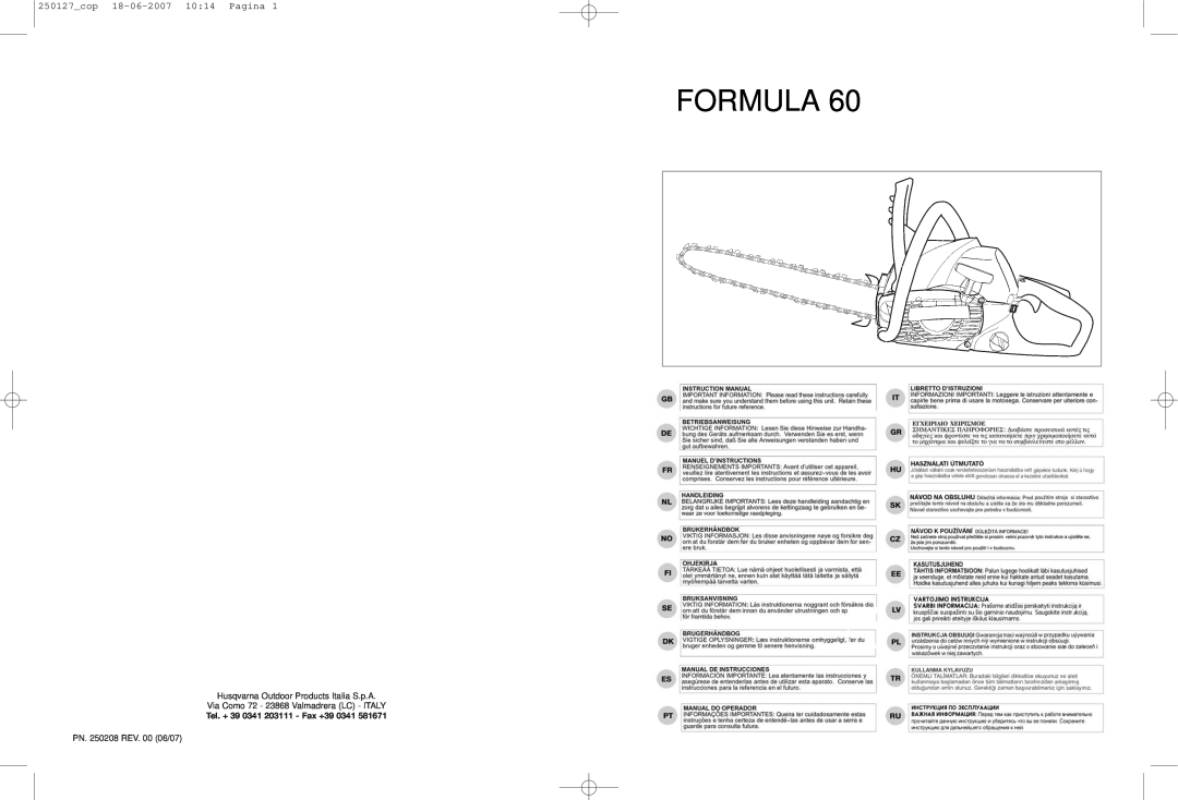 Husqvarna 60 manual 250127cop 18-06-2007 1014 Pagina, Formula, Husqvarna Outdoor Products Italia S.p.A 