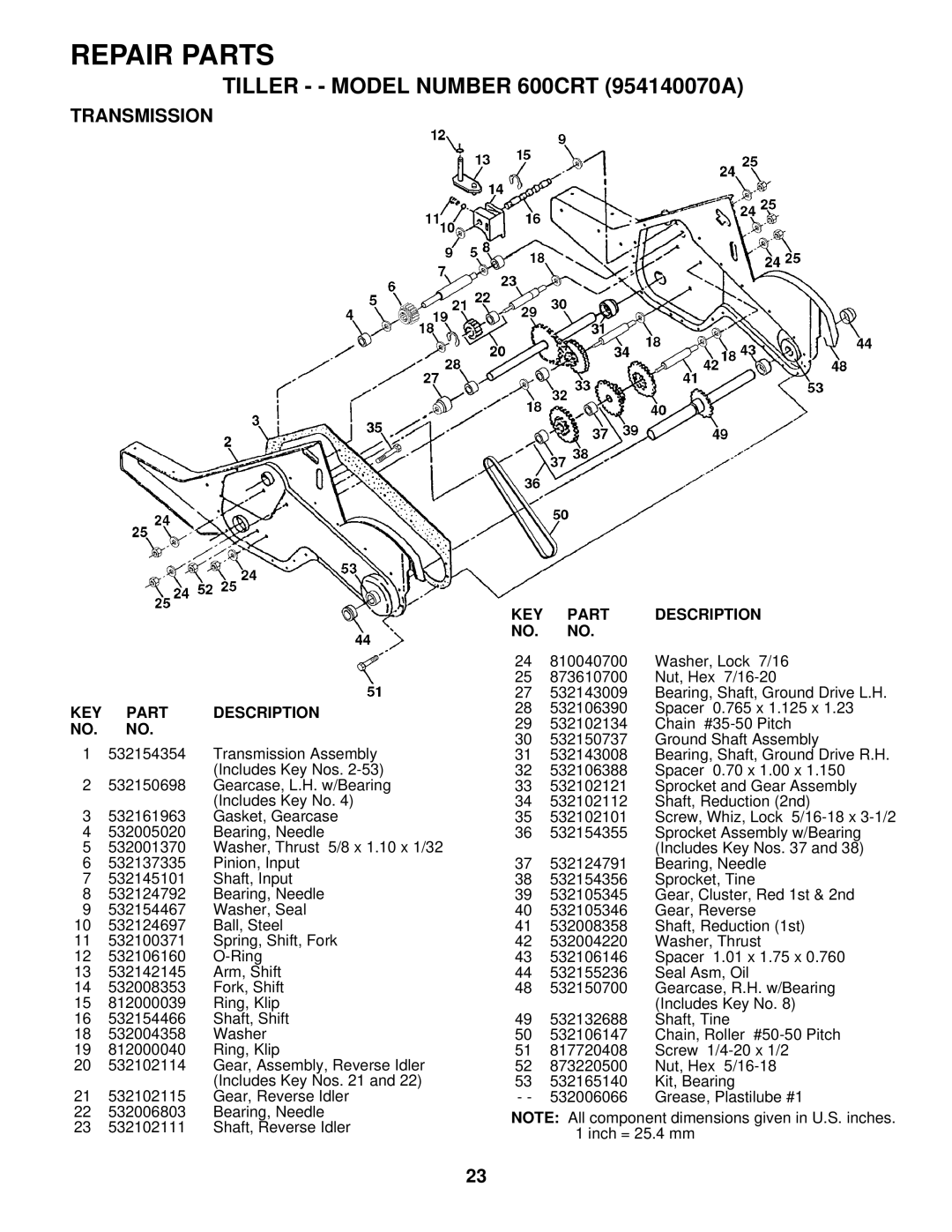 Husqvarna 600CRT owner manual Transmission Assembly Includes Key Nos 