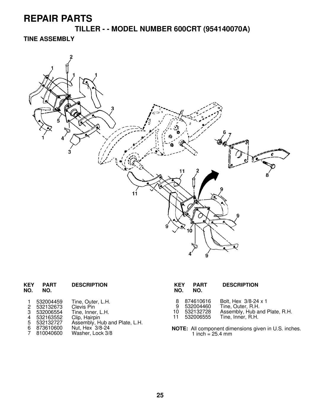 Husqvarna 600CRT owner manual Tine Assembly 