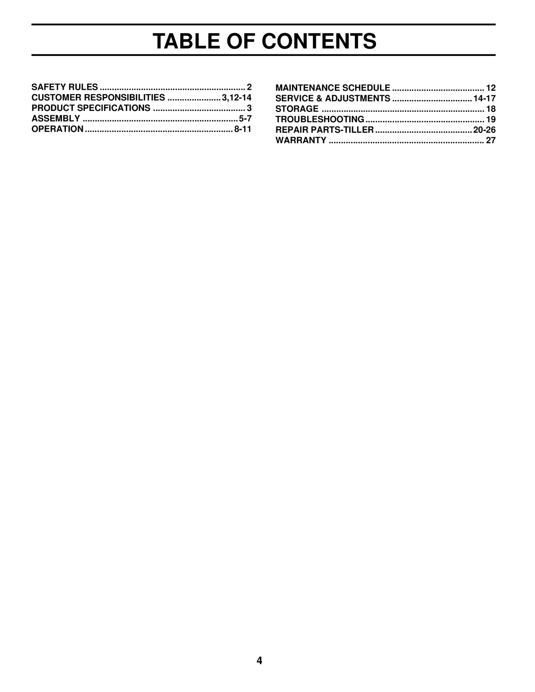 Husqvarna 600CRT owner manual Table of Contents 