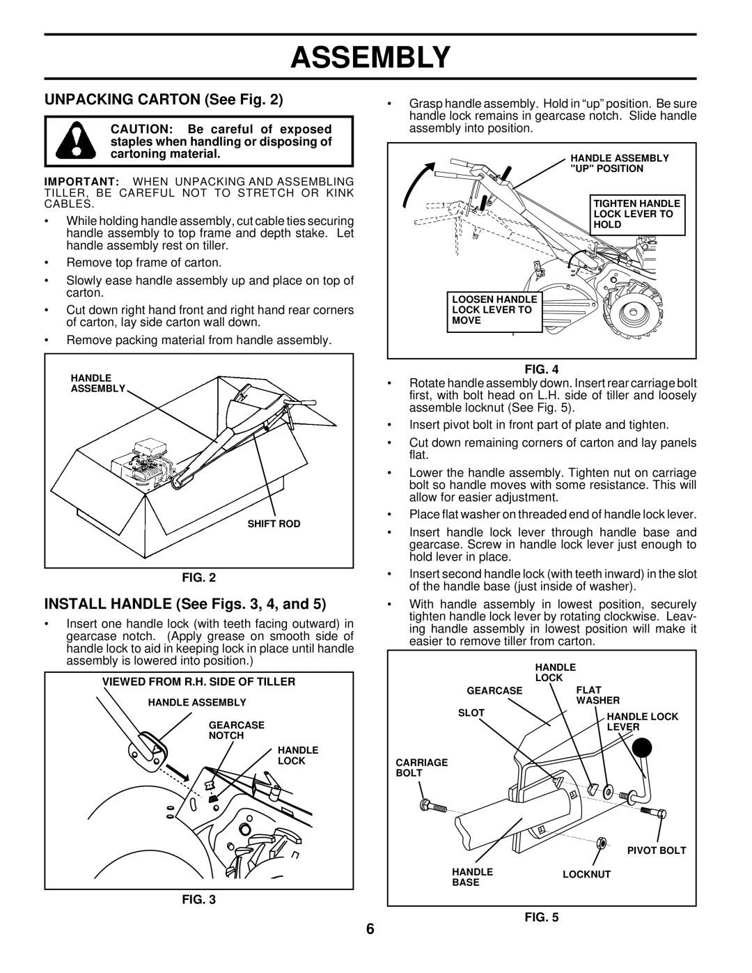 Husqvarna 600CRT owner manual Unpacking Carton See Fig, Install Handle See Figs , 4 