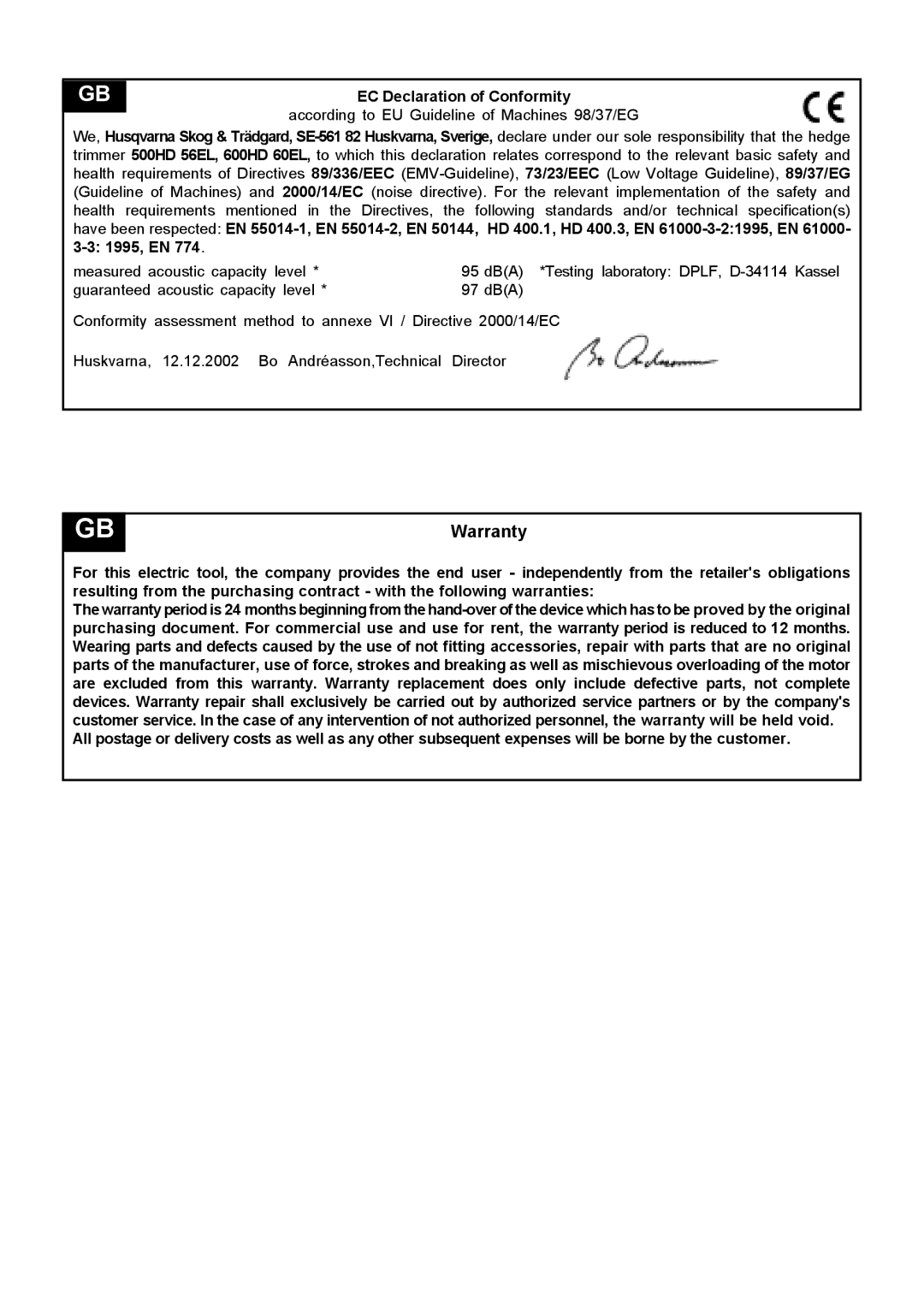 Husqvarna 600HD 60EL, 500HD 56EL manual Warranty, EC Declaration of Conformity 
