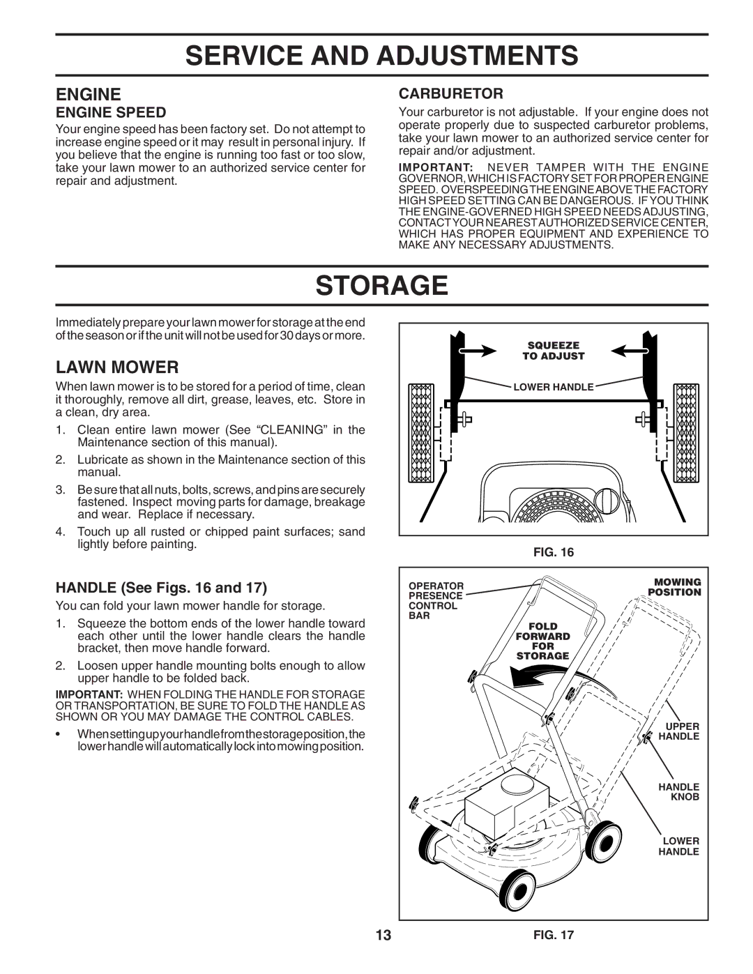 Husqvarna 6021P manual Storage, Carburetor, Handle See Figs 