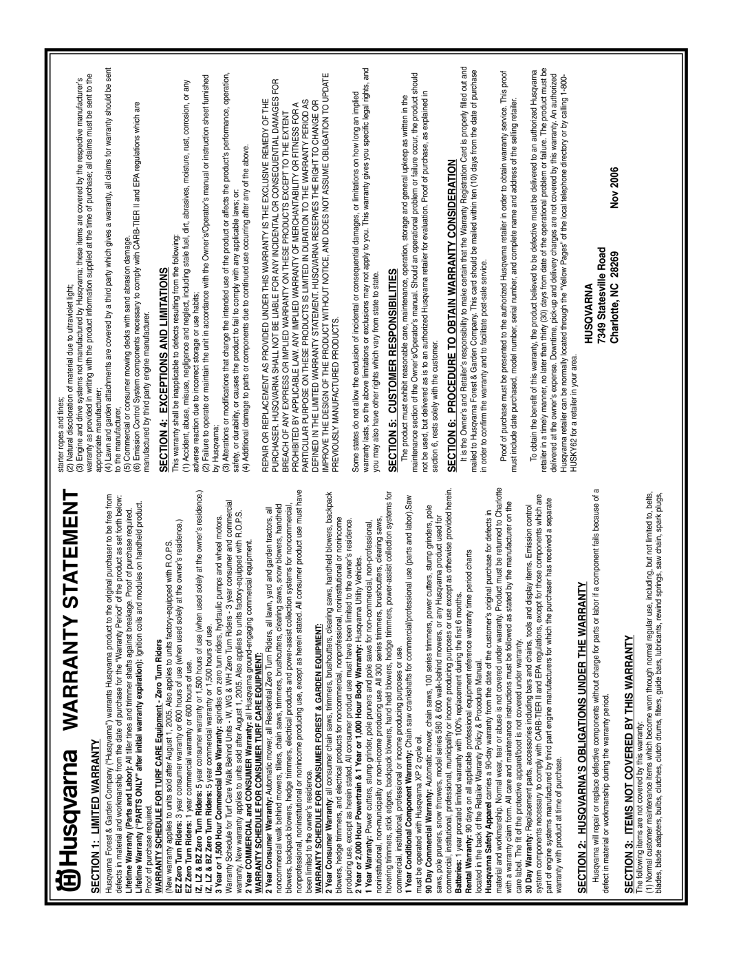 Husqvarna 6021P manual Warranty Statement 