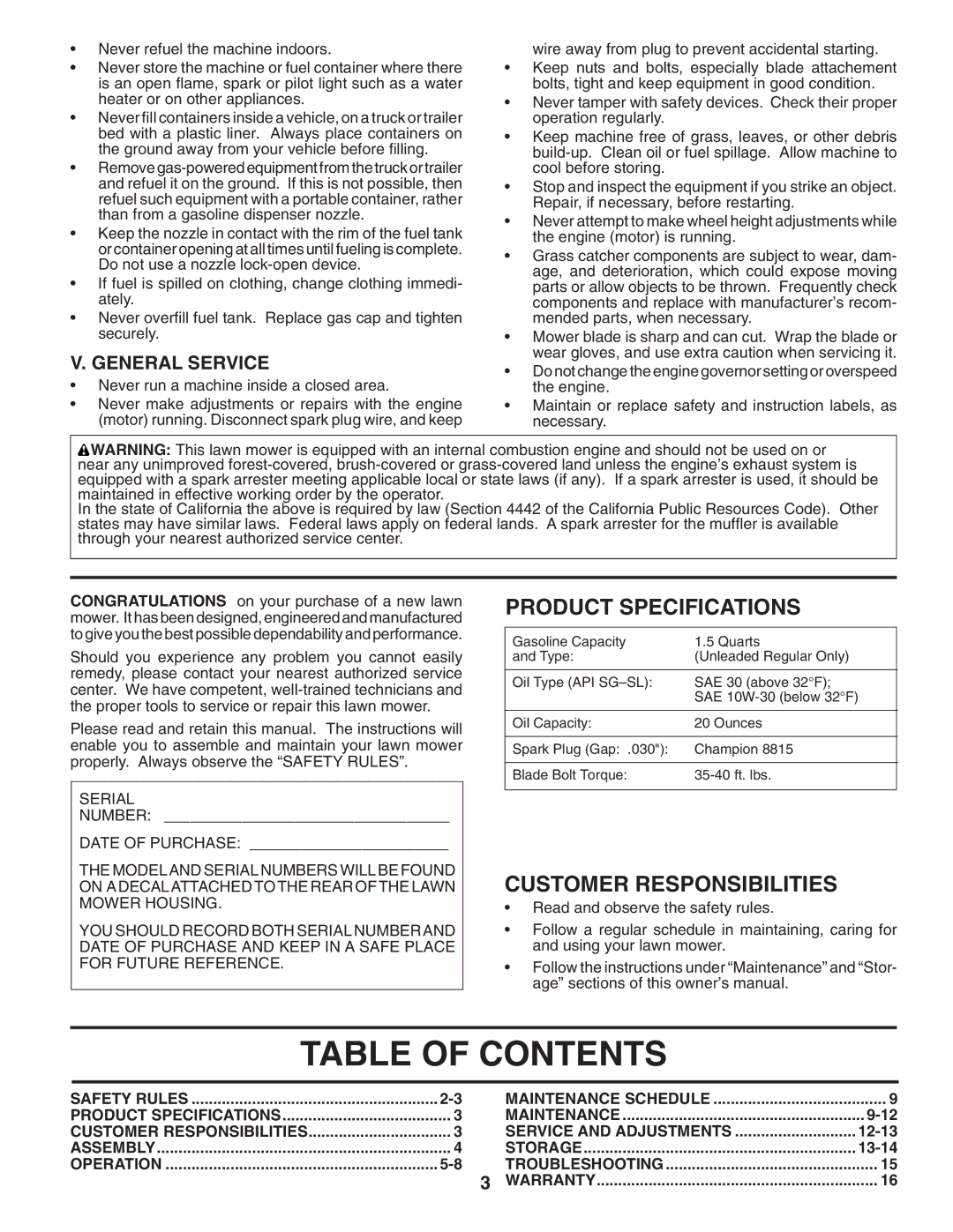 Husqvarna 6021P manual Table of Contents 