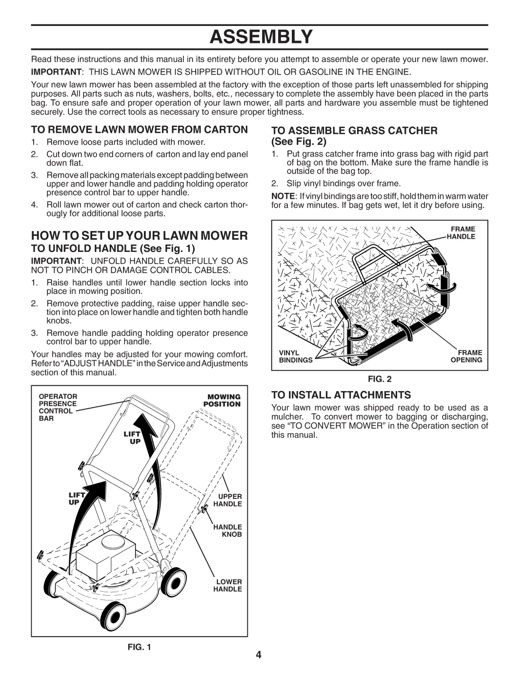 Husqvarna 6021P manual Assembly, HOW to SET UP Your Lawn Mower, To Remove Lawn Mower from Carton, To Install Attachments 