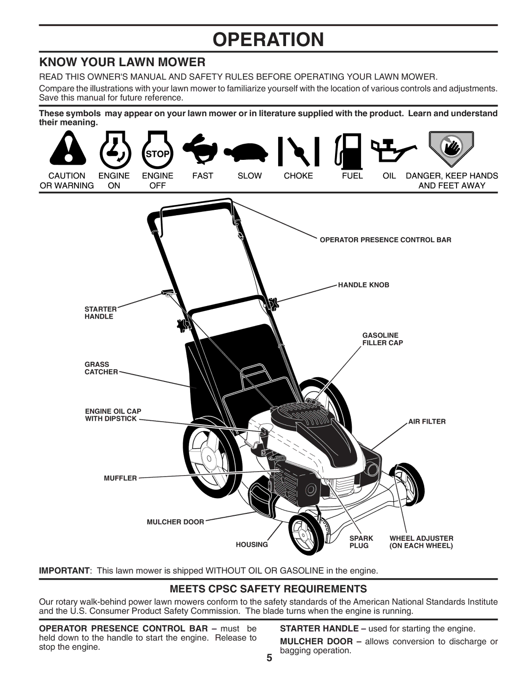 Husqvarna 6021P manual Operation, Know Your Lawn Mower, Meets Cpsc Safety Requirements 