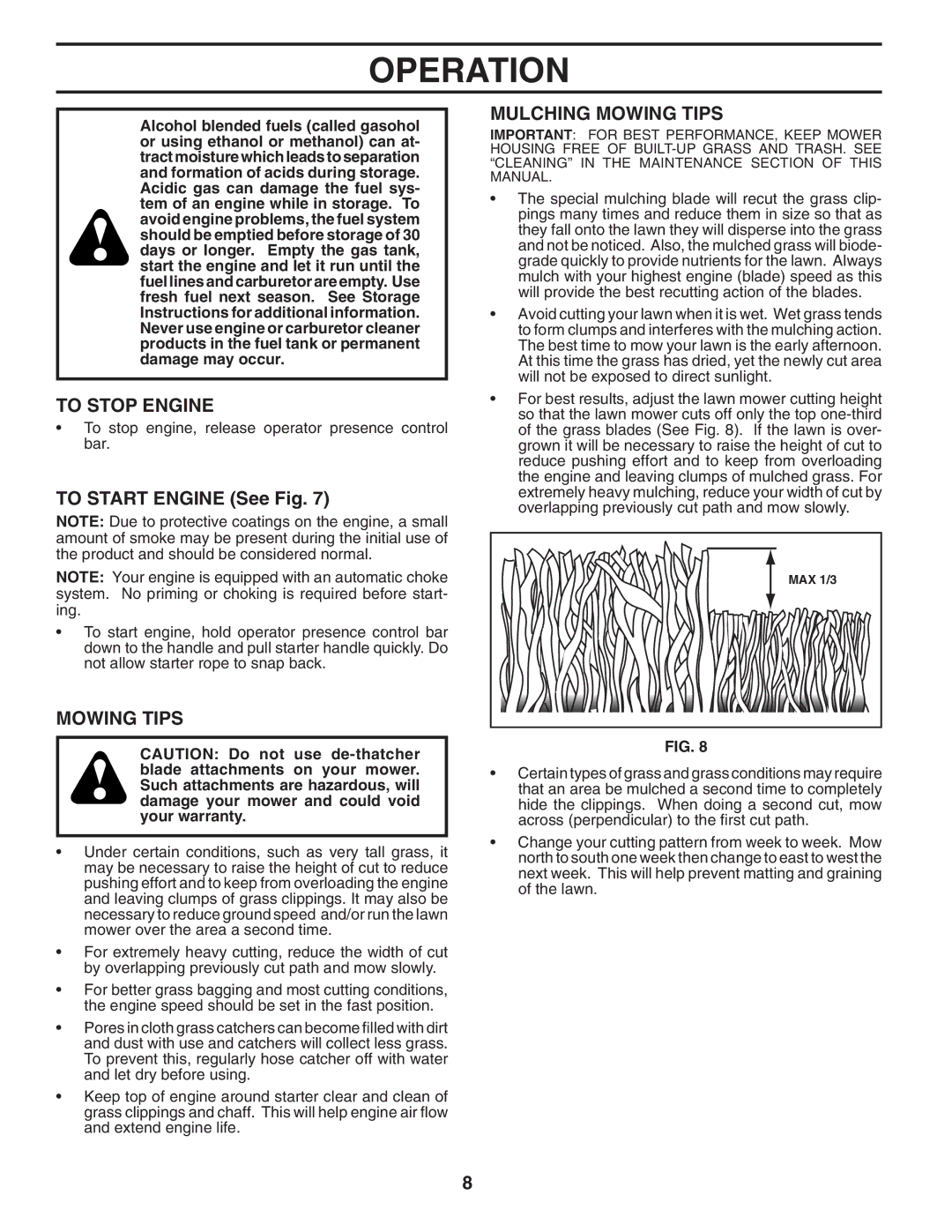 Husqvarna 6021P manual To Stop Engine, To Start Engine See Fig, Mulching Mowing Tips 