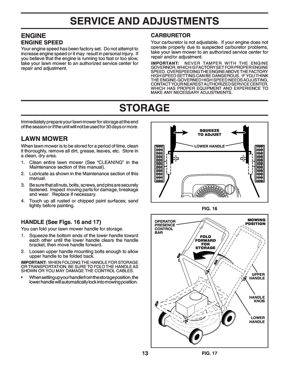 Husqvarna 6021P manual Storage, Carburetor, HANDLE See Figs. 16 and, Service And Adjustments, Lawn Mower, Engine Speed 