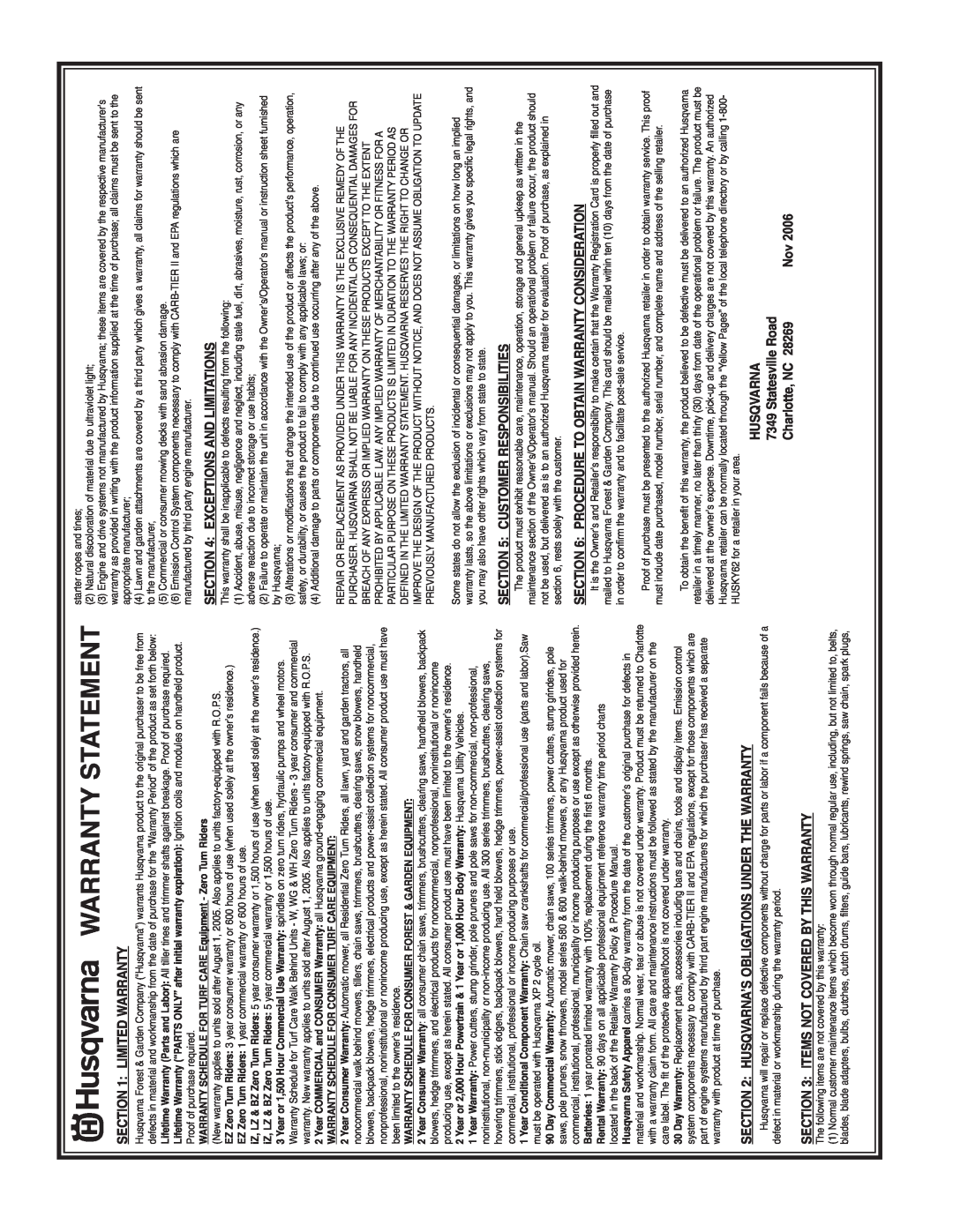 Husqvarna 6021P manual Warranty Statement, Charlotte, NC, WARRANTY SCHEDULE FOR TURF CARE Equipment - Zero Turn Riders 