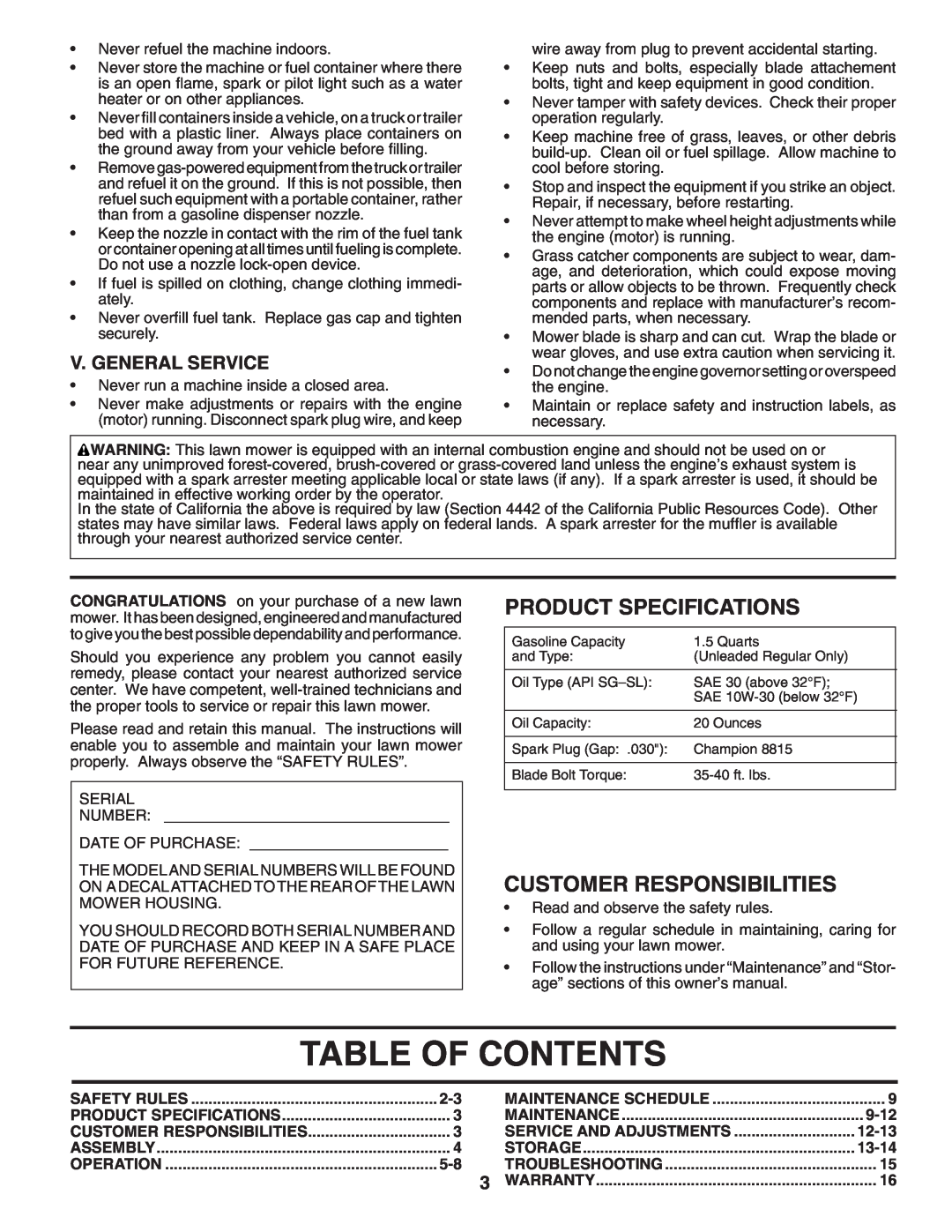 Husqvarna 6021P Table Of Contents, Product Specifications, Customer Responsibilities, V. General Service, 9-12, 12-13 