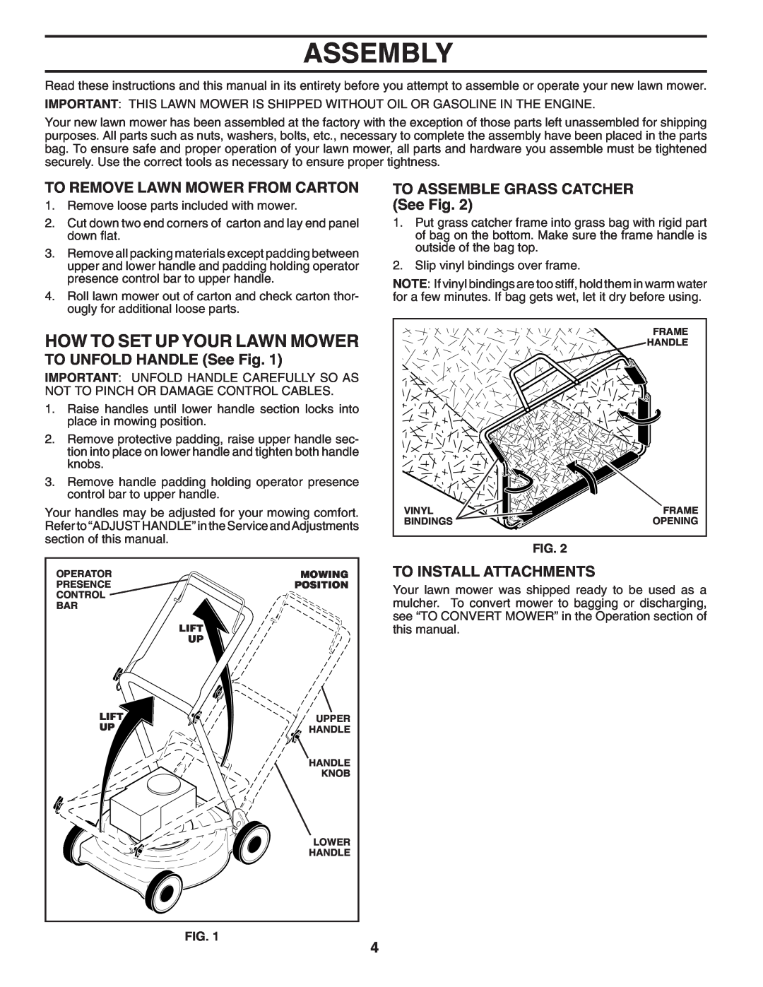 Husqvarna 6021P manual Assembly, How To Set Up Your Lawn Mower, To Remove Lawn Mower From Carton, TO UNFOLD HANDLE See Fig 