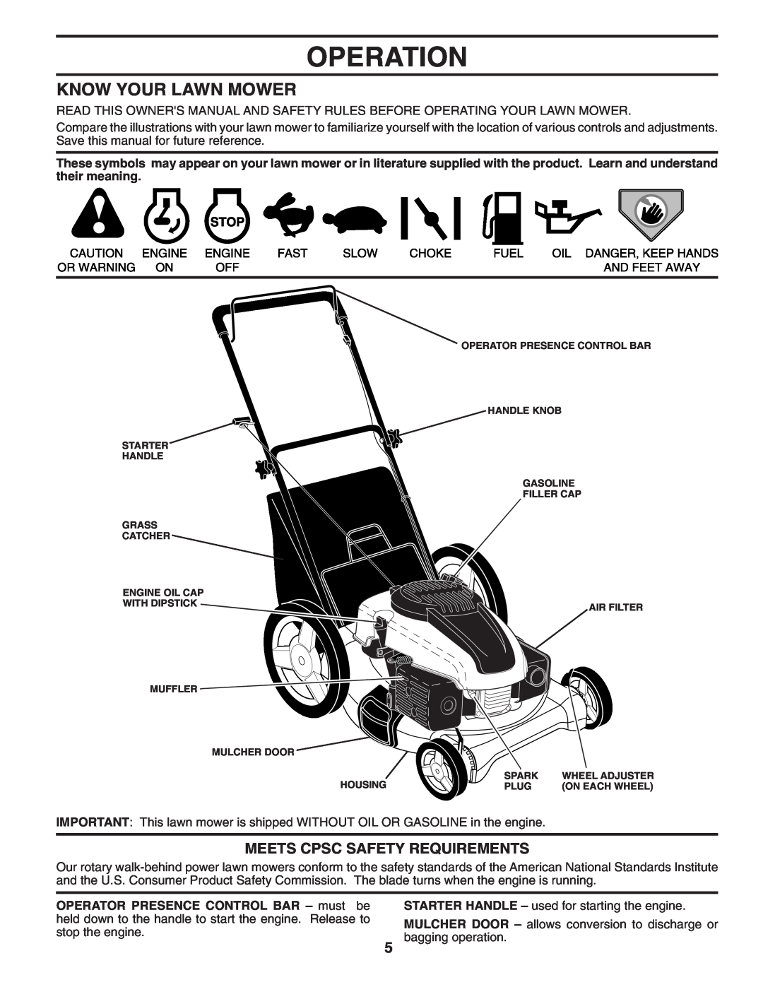 Husqvarna 6021P manual Operation, Know Your Lawn Mower, Meets Cpsc Safety Requirements 
