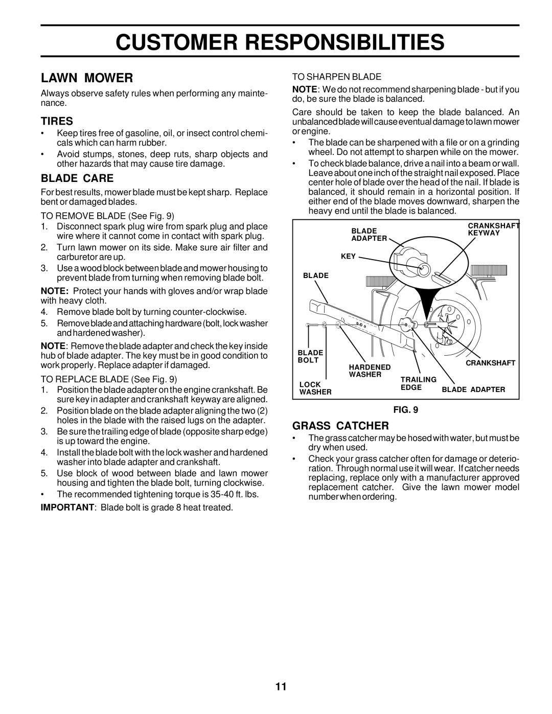 Husqvarna 6022CH owner manual Lawn Mower, Tires, Blade Care, Grass Catcher 