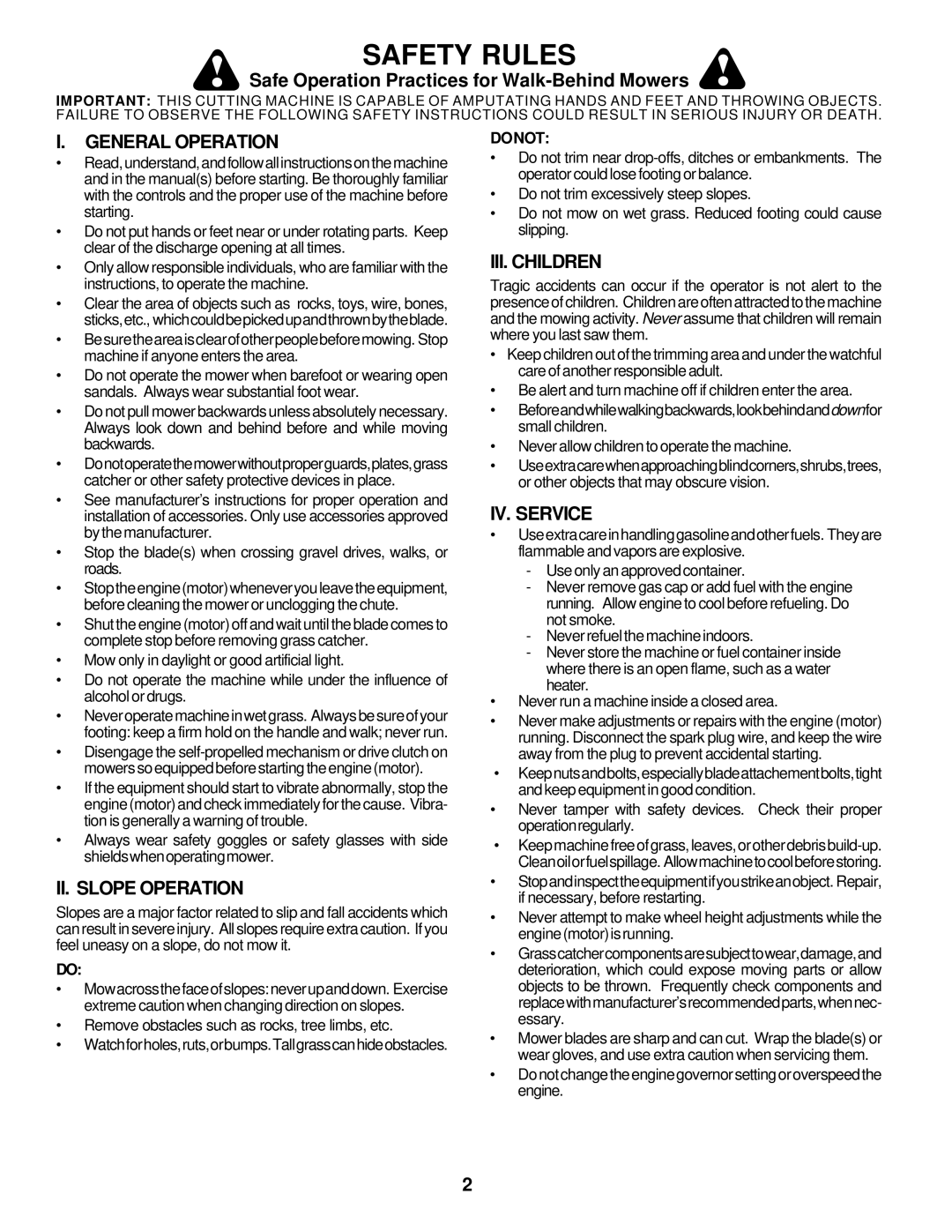 Husqvarna 6022CH Safe Operation Practices for Walk-Behind Mowers, General Operation, II. Slope Operation, III. Children 