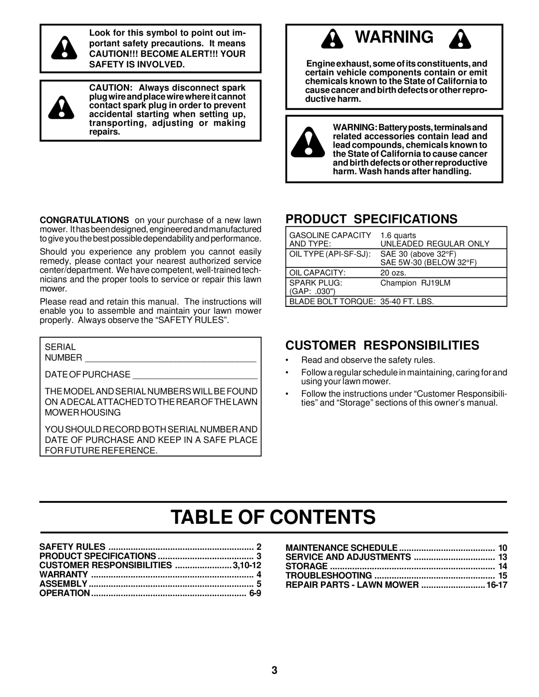 Husqvarna 6022CH owner manual Table of Contents 