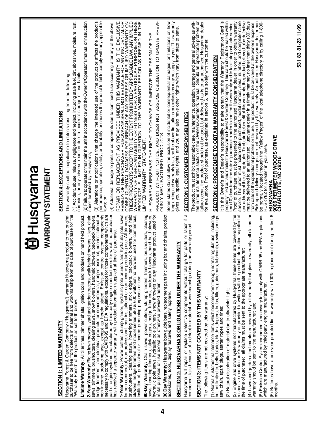 Husqvarna 6022CH owner manual Warranty Statement 