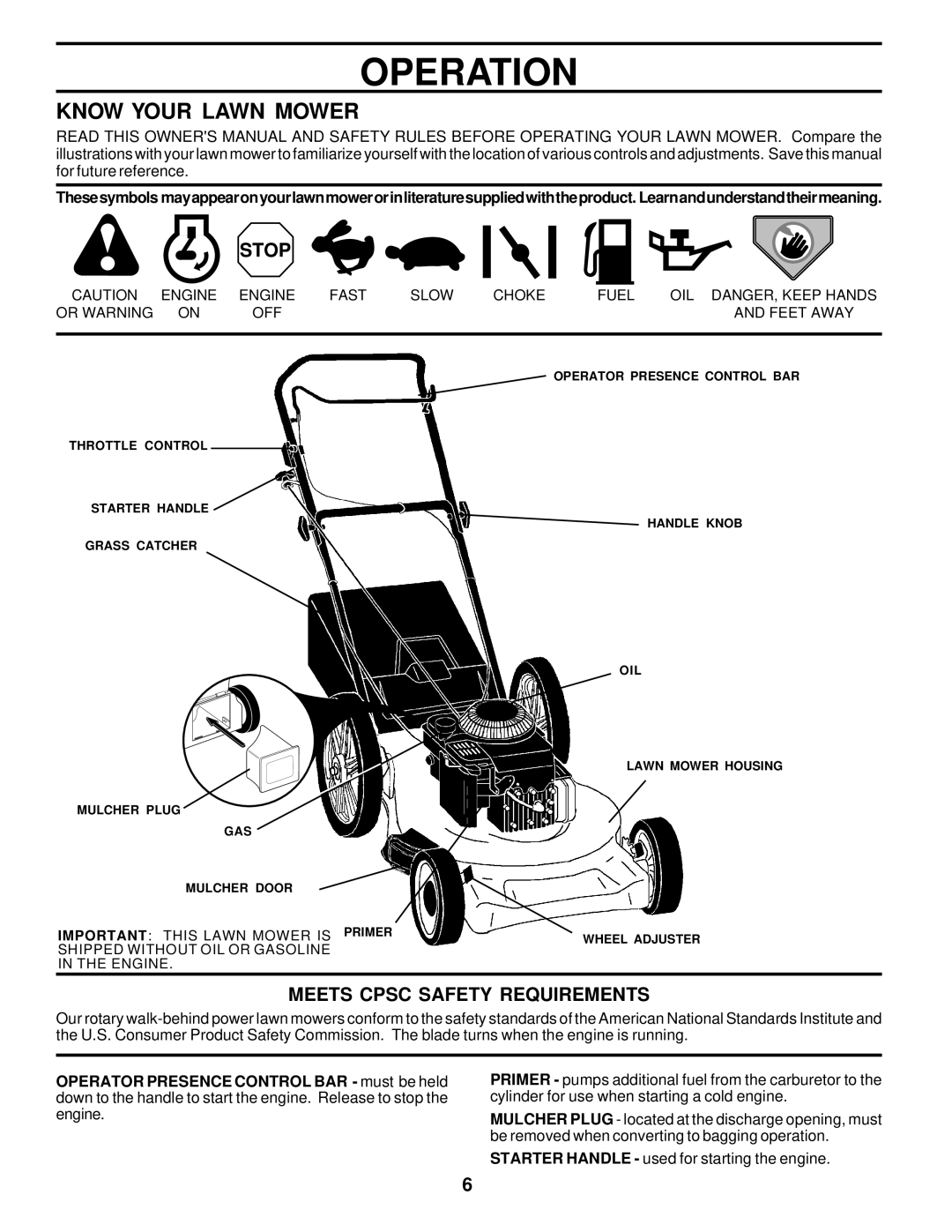 Husqvarna 6022CH owner manual Operation, Know Your Lawn Mower, Meets Cpsc Safety Requirements 