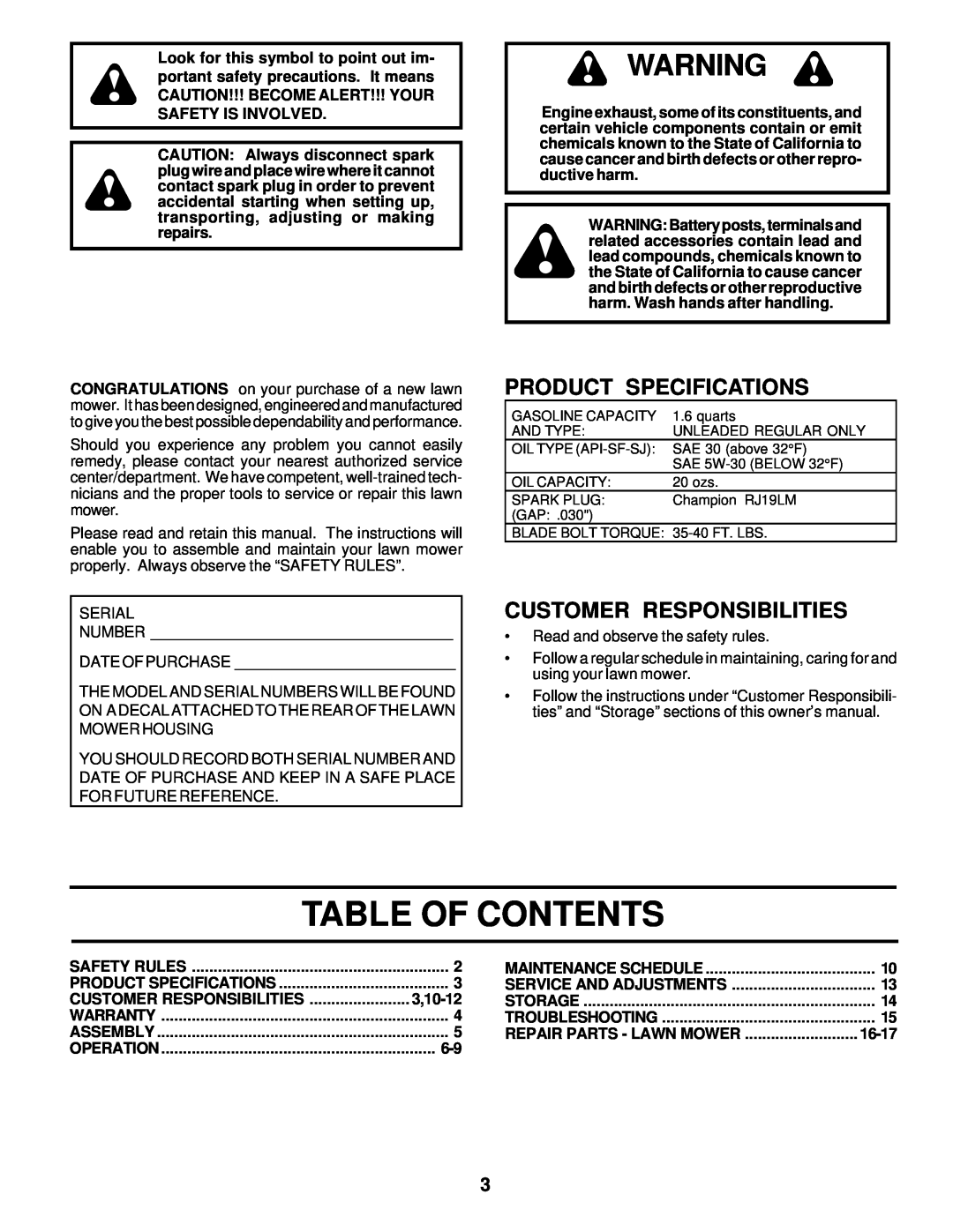 Husqvarna 6022CH owner manual Table Of Contents, Product Specifications, Customer Responsibilities, 3,10-12, 16-17 