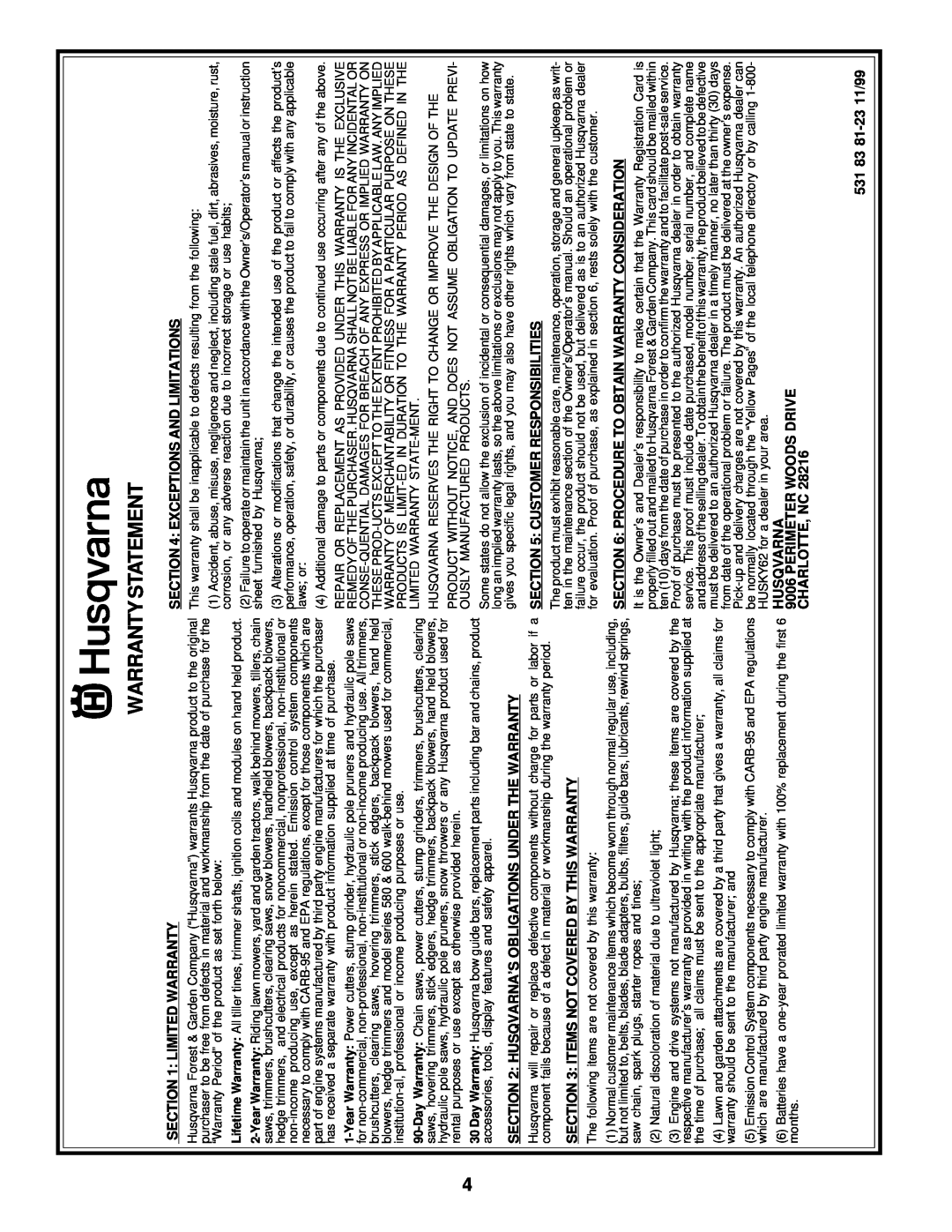 Husqvarna 6022CH Warranty Statement, Limited Warranty, Husqvarna’S Obligations Under The Warranty, 531 83 81-23 11/99 