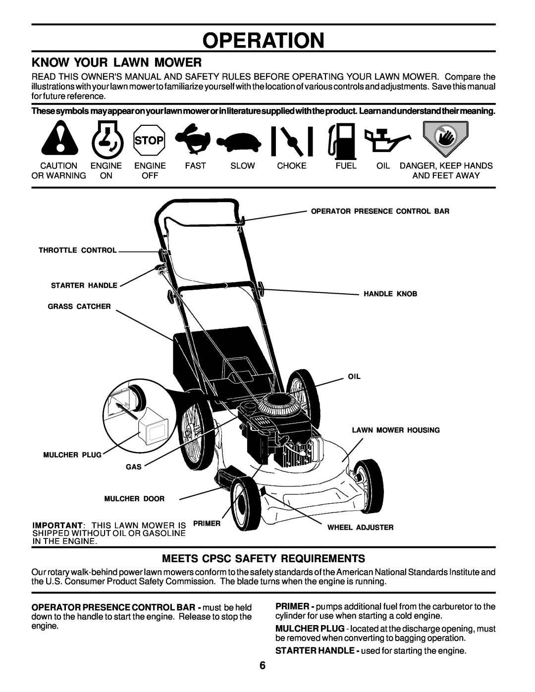 Husqvarna 6022CH owner manual Operation, Know Your Lawn Mower, Meets Cpsc Safety Requirements 