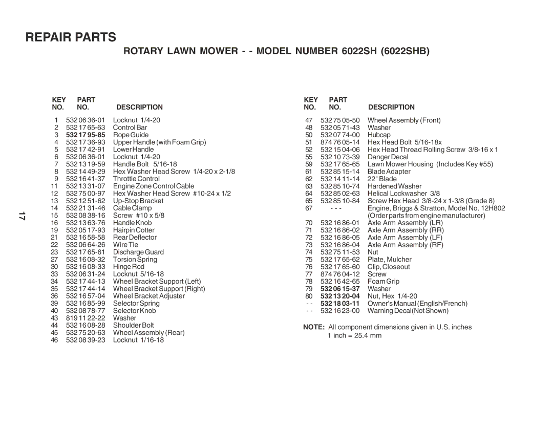 Husqvarna 6022SH owner manual KEY Part Description 