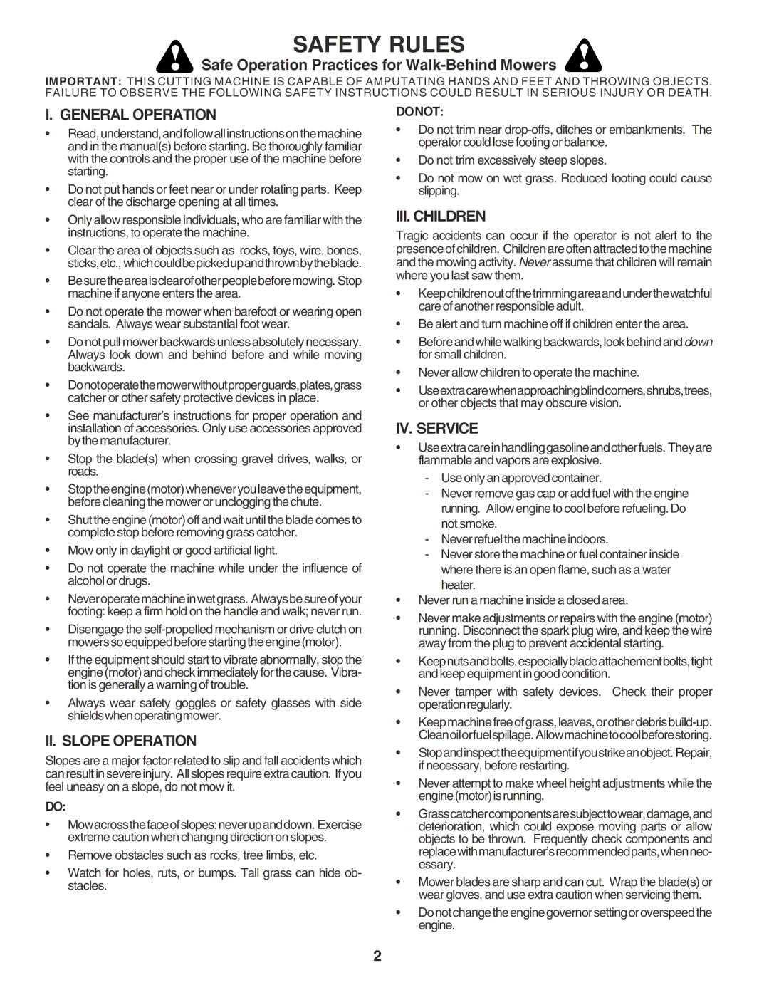 Husqvarna 6022SH Safe Operation Practices for Walk-Behind Mowers, General Operation, II. Slope Operation, III. Children 
