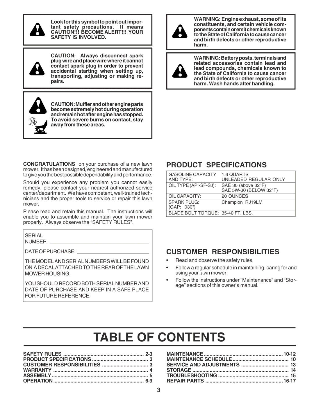 Husqvarna 6022SH owner manual Table of Contents 